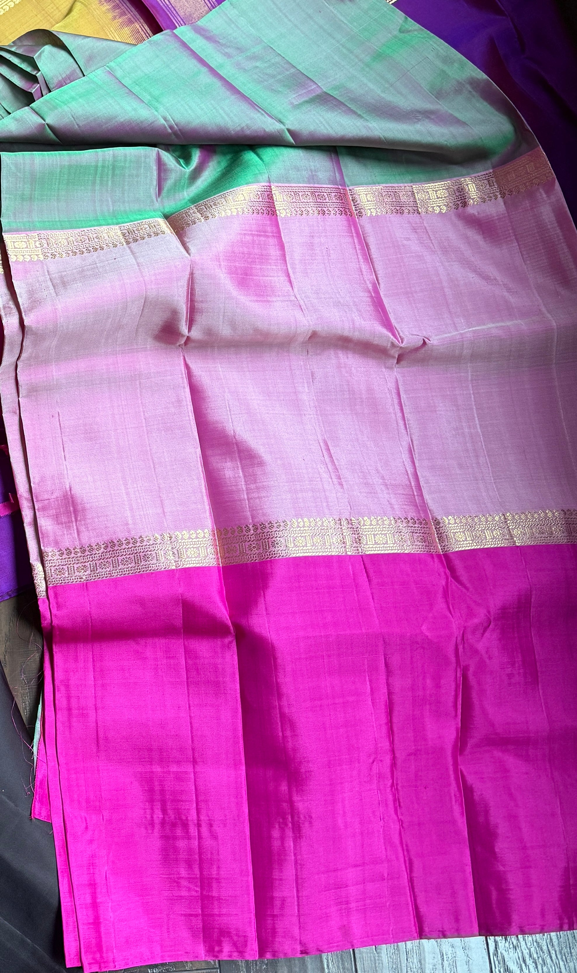Pure Silk Mubbagam Kanjivaram - Light Pink Magenta Sea Green Woven