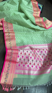Kora Silk Banaras Chanderi - Pista  Green Paithani