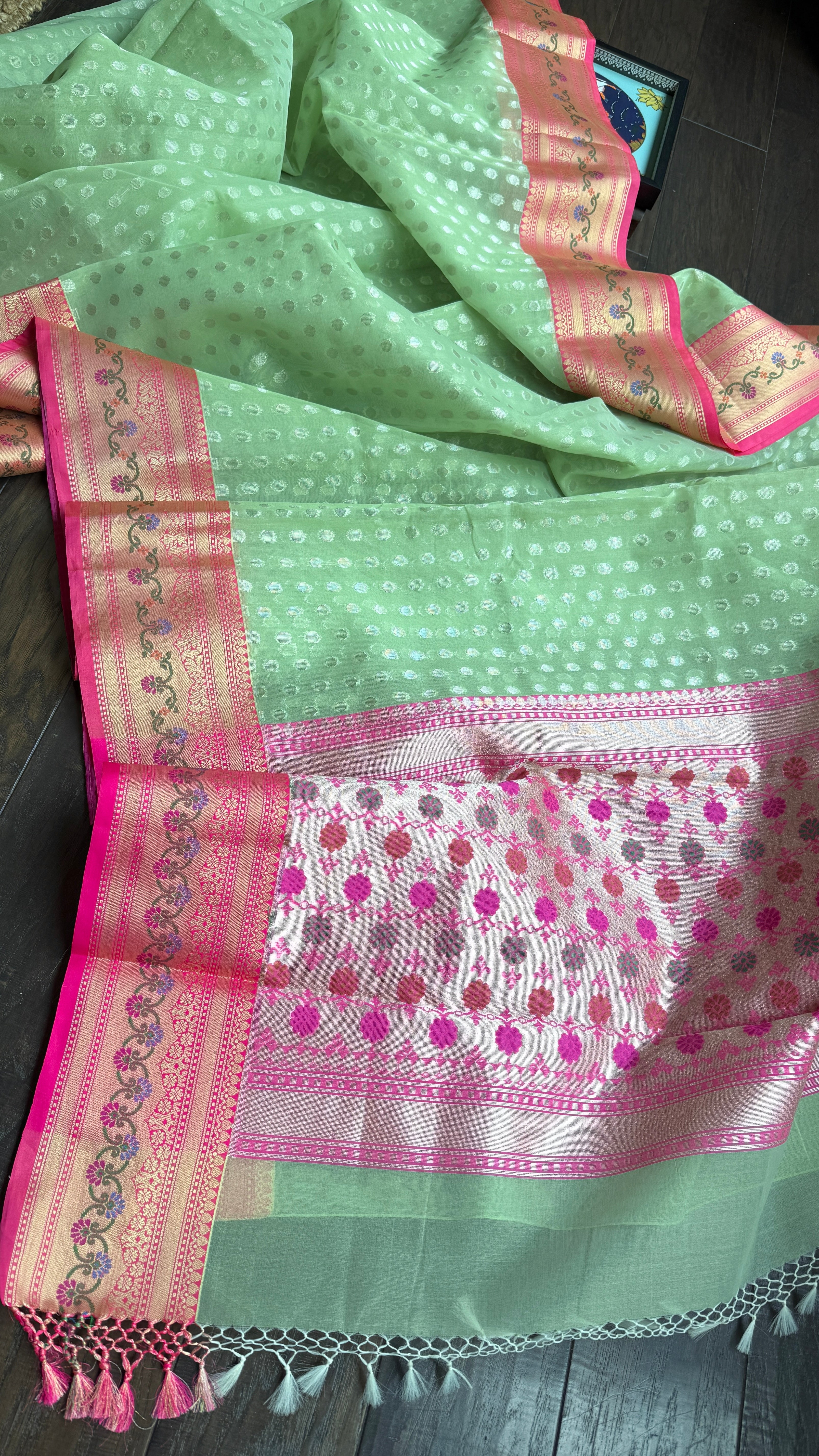 Kora Silk Banaras Chanderi - Pista  Green Paithani