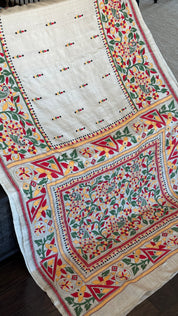 Pure Tussar Silk Kantha Stitch -  Beige Multi color