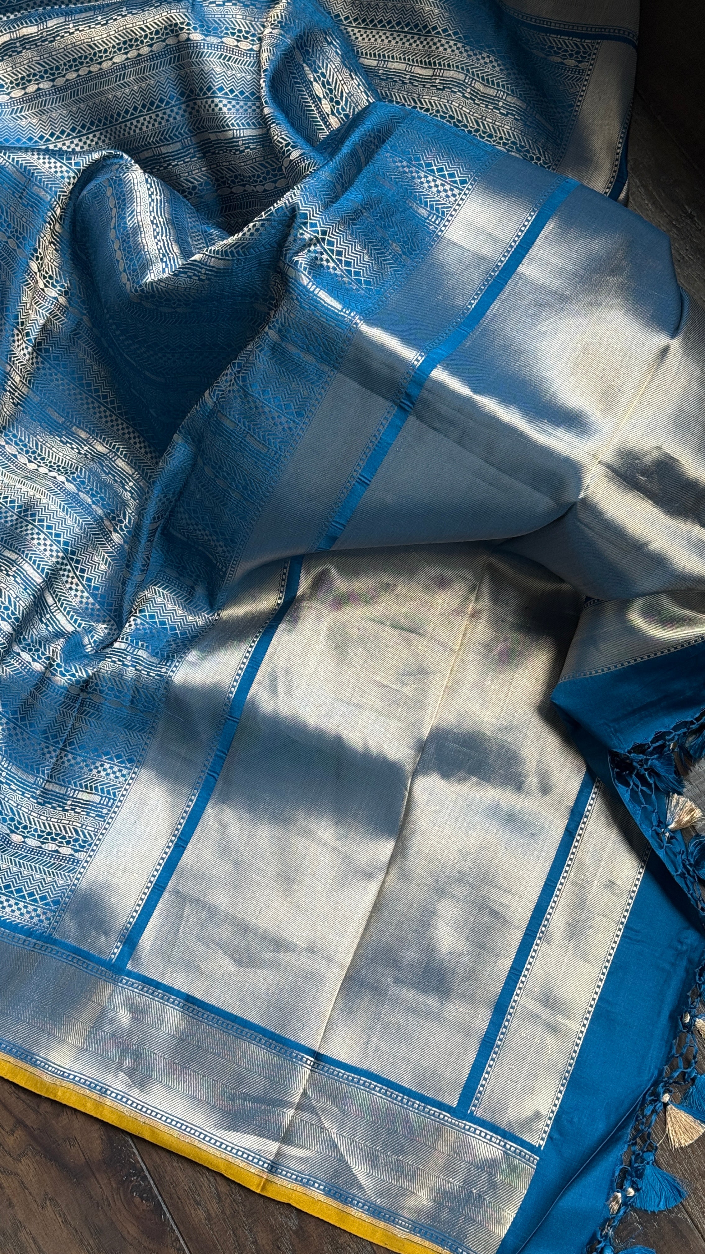 Pure Silk Brocade Banarasi- Blue Yellow