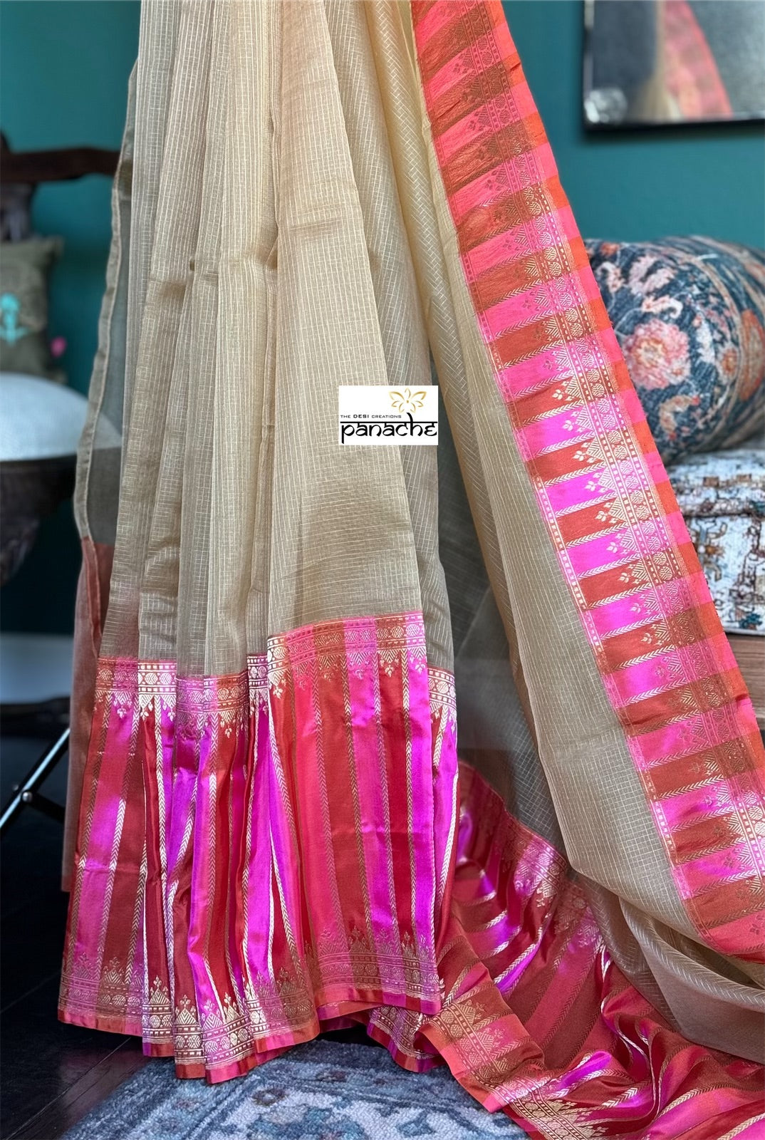 Organza Katan Silk Banarasi -  Tan Pink Orange Checkered