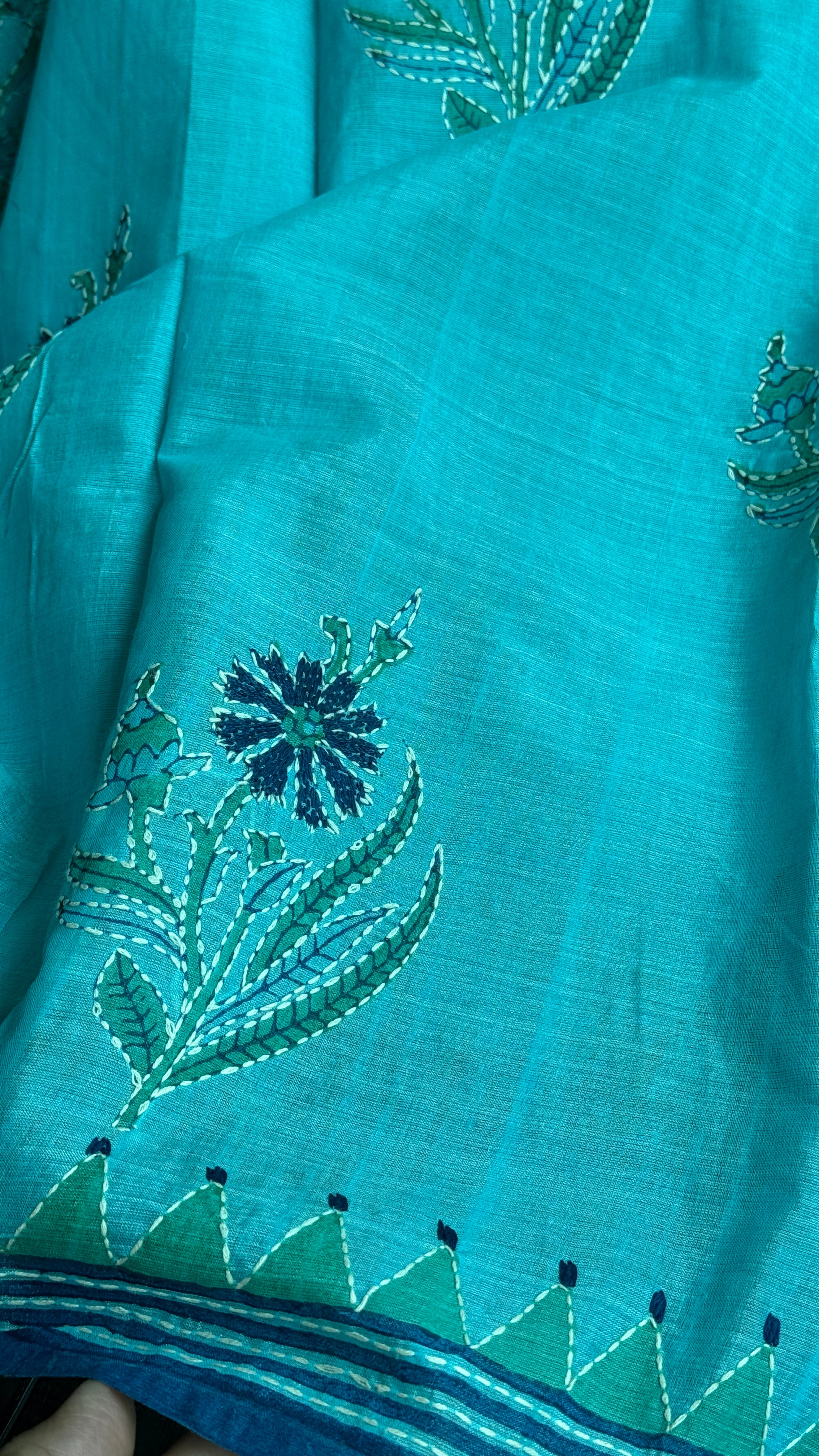 Tussar Cotton Silk Kantha Stitch -  Firozi