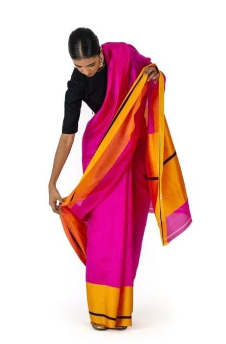 Pure Chanderi Pattu Silk - Hot Pink Yellow