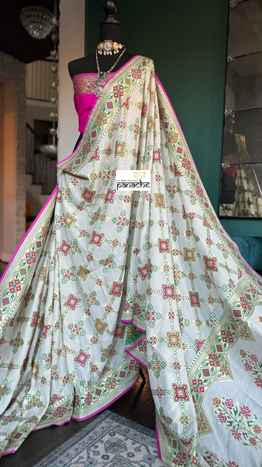 Khaddi Muga Silk Tilfi Banarasi - Beige Pink Patola Woven