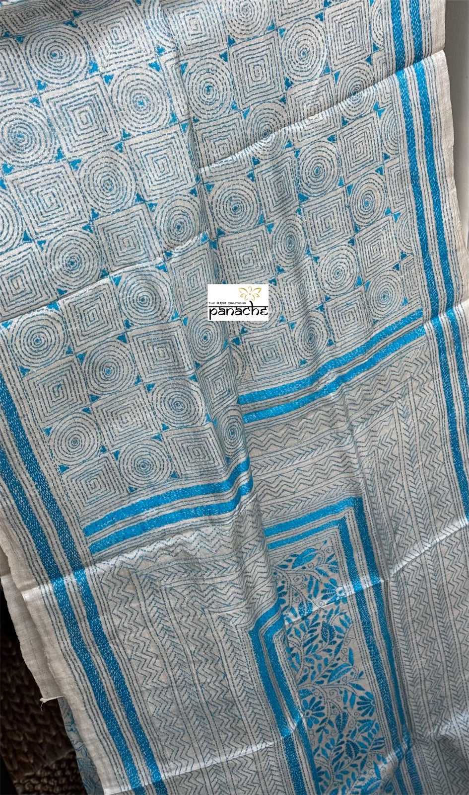 Pure Tussar Silk Kantha Stitch - Beige Firozi