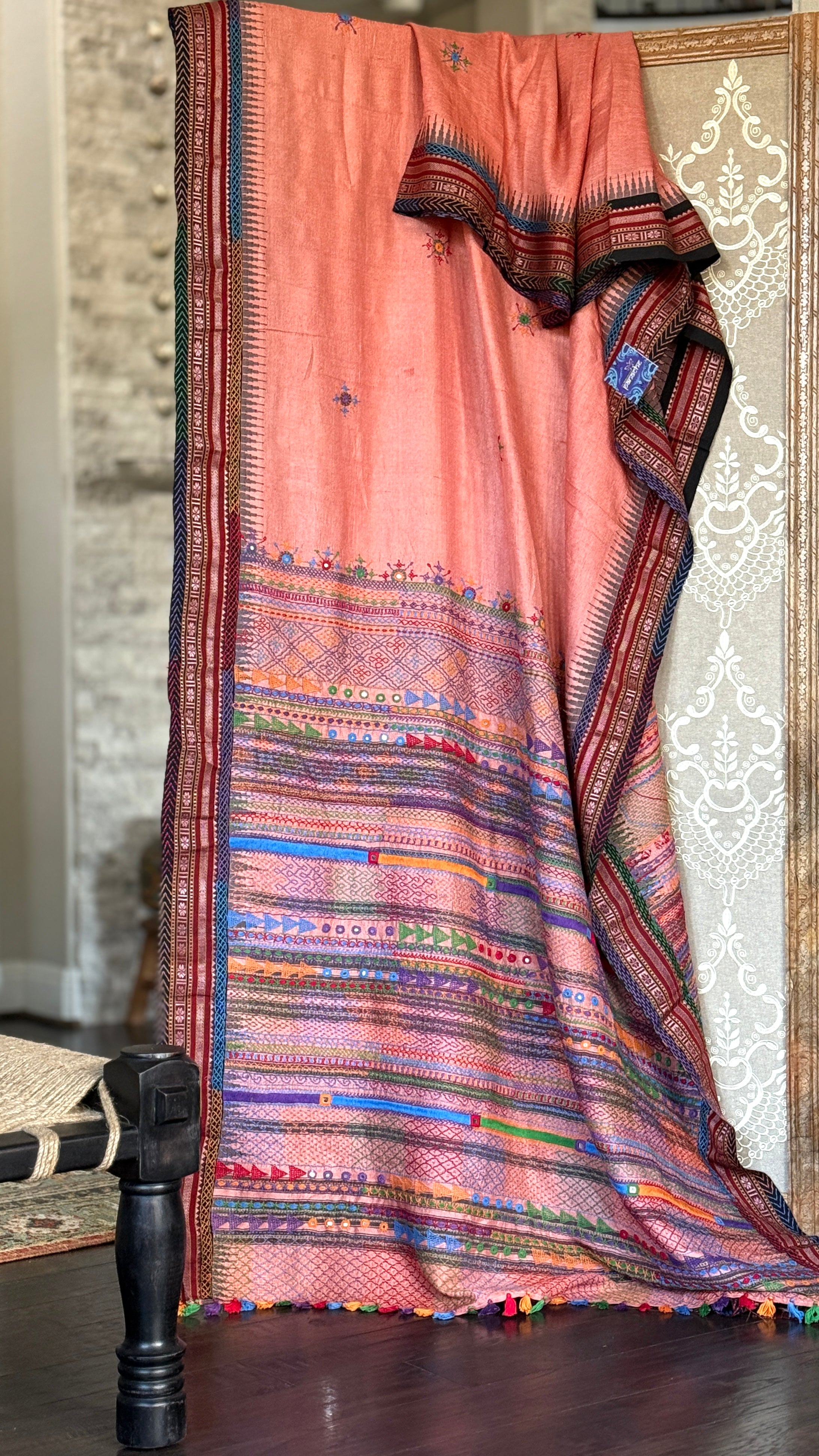 Pure Vidarbha Tussar Lambani - Peach Hand Embroidered