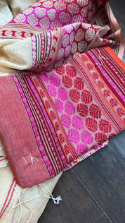 Pure Tussar Silk - Beige Striped Multi color