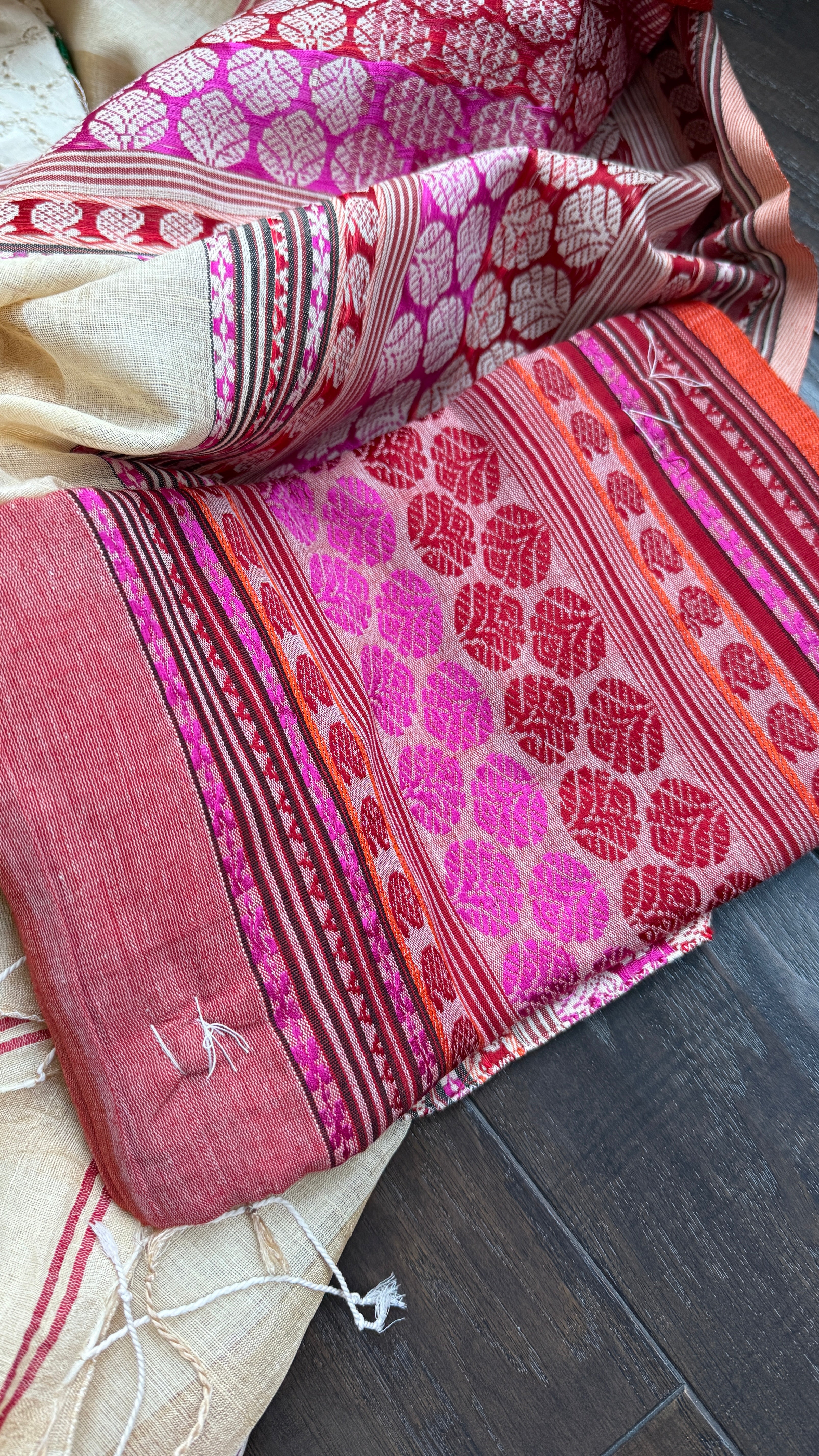 Pure Tussar Silk - Beige Striped Multi color