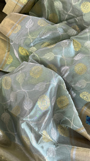 Pure Chanderi Pattu Silk - Metallic Sea Green Jaal woven