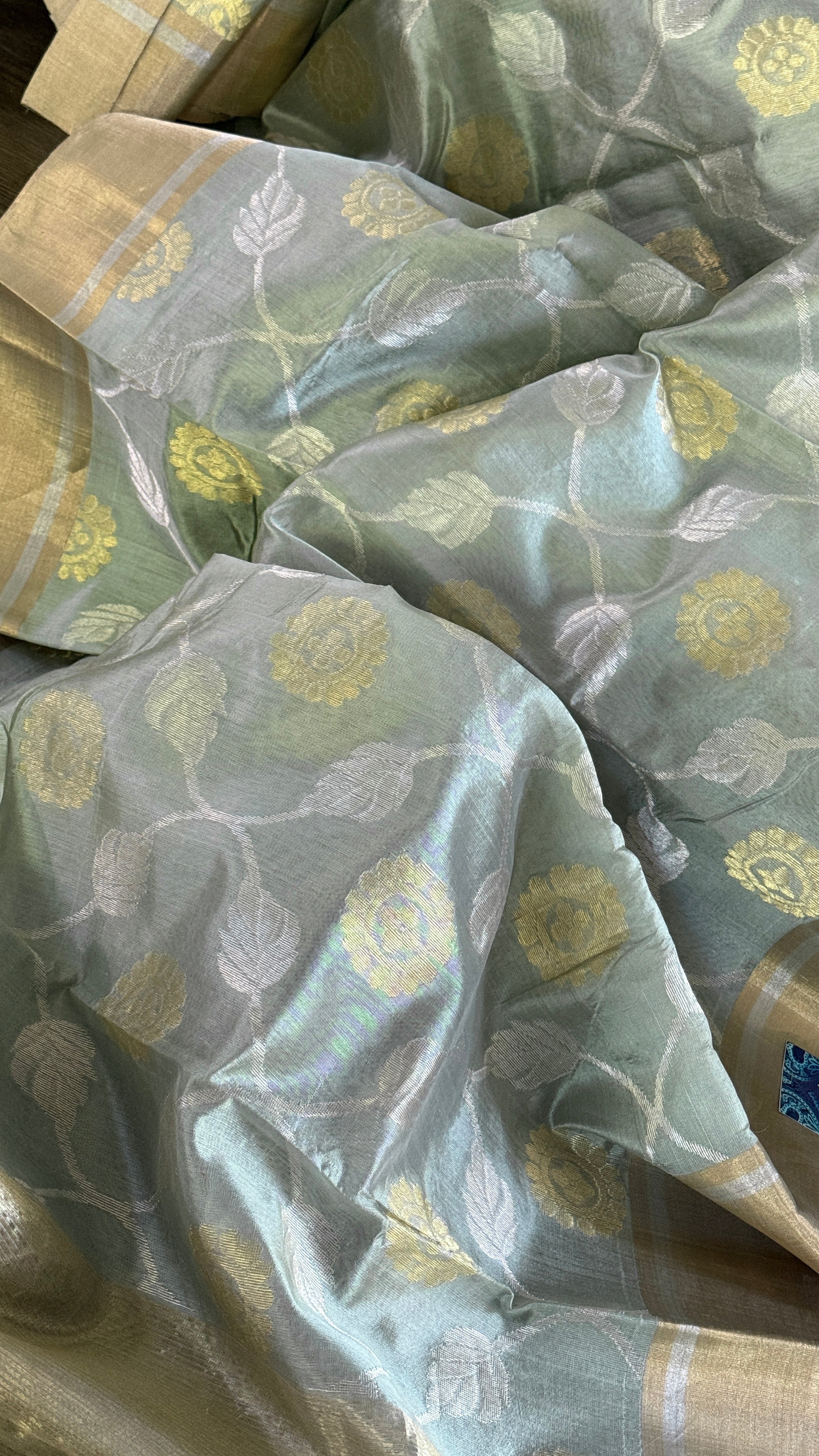 Pure Chanderi Pattu Silk - Metallic Sea Green Jaal woven