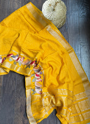 Designer Cotton Silk Banaras Chanderi - Mango Yellow Bird Embroidered
