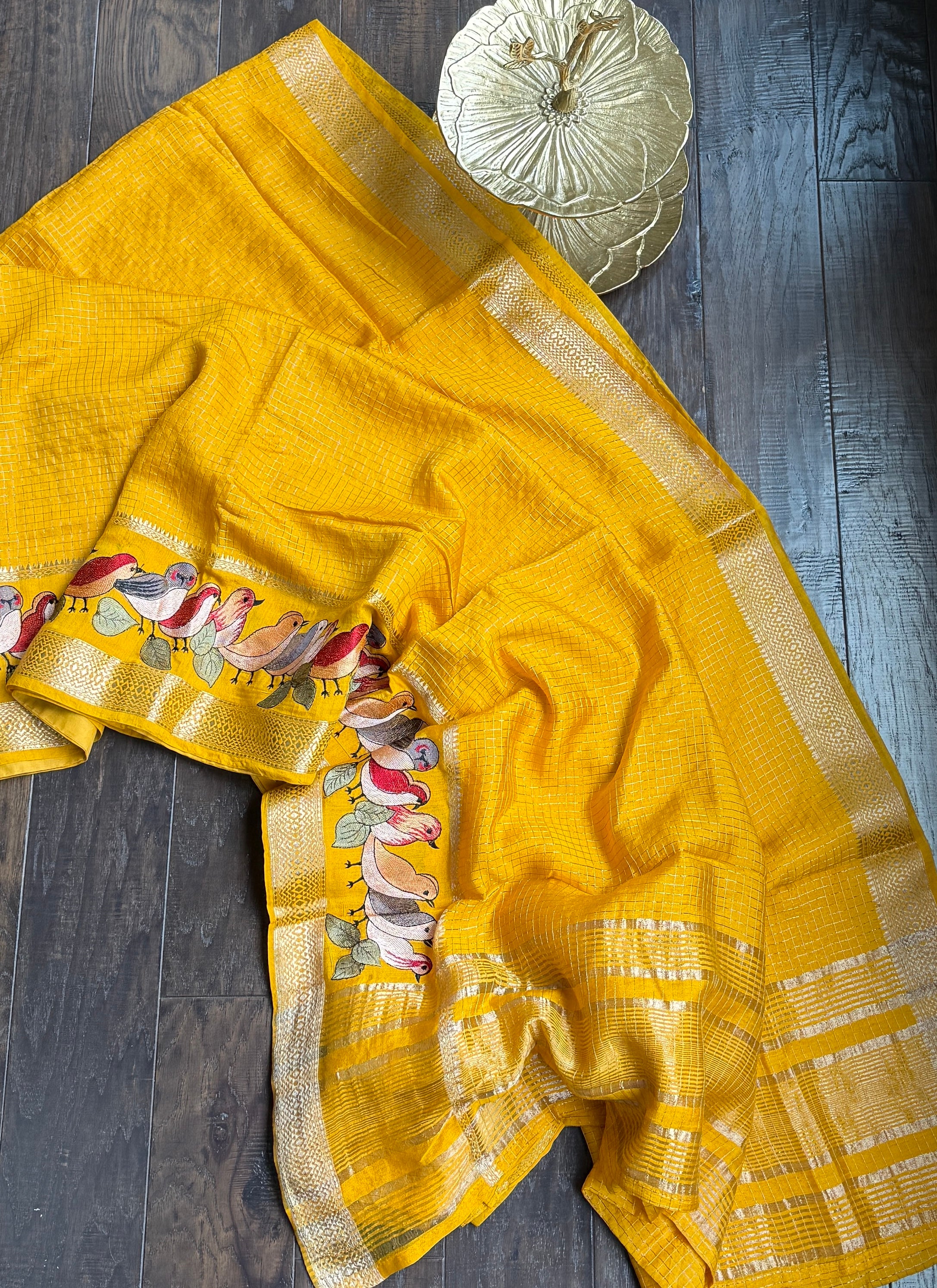 Designer Cotton Silk Banaras Chanderi - Mango Yellow Bird Embroidered