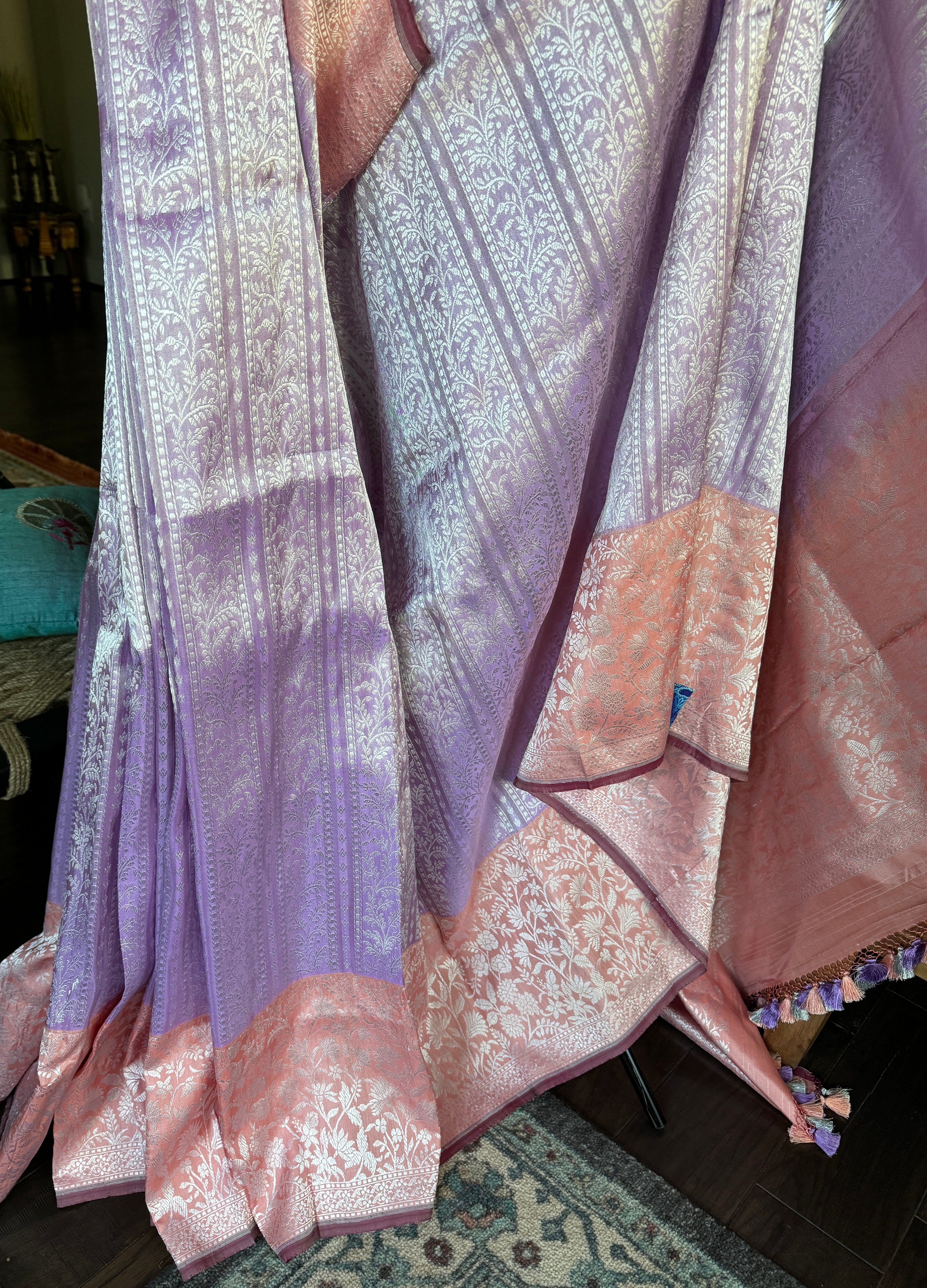 Pure Katan Tissue Silk Banarasi - Lavender Peach Tanchui