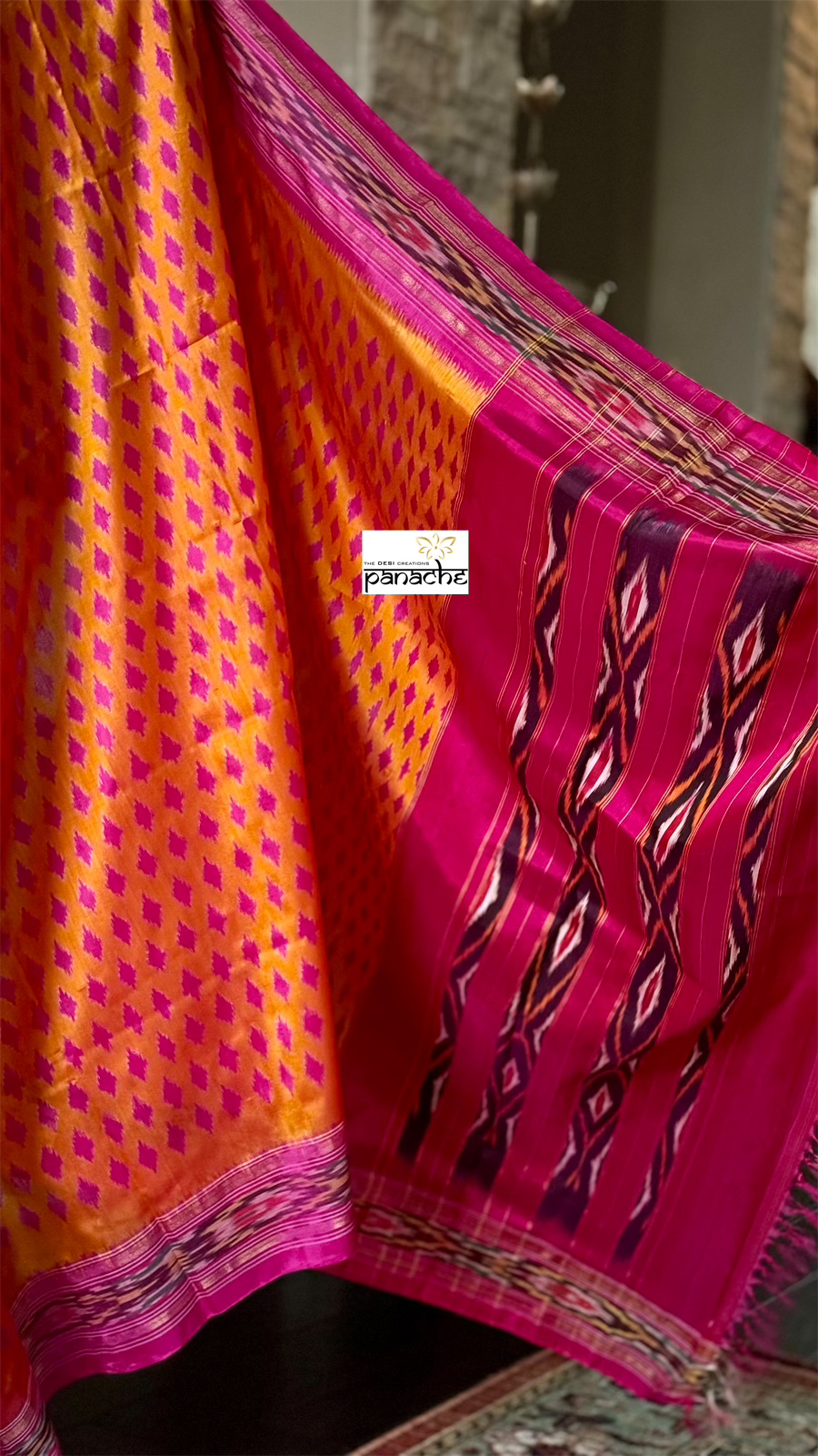 Pure Silk Sambalpuri Ikat - Orange Pink Pochampally