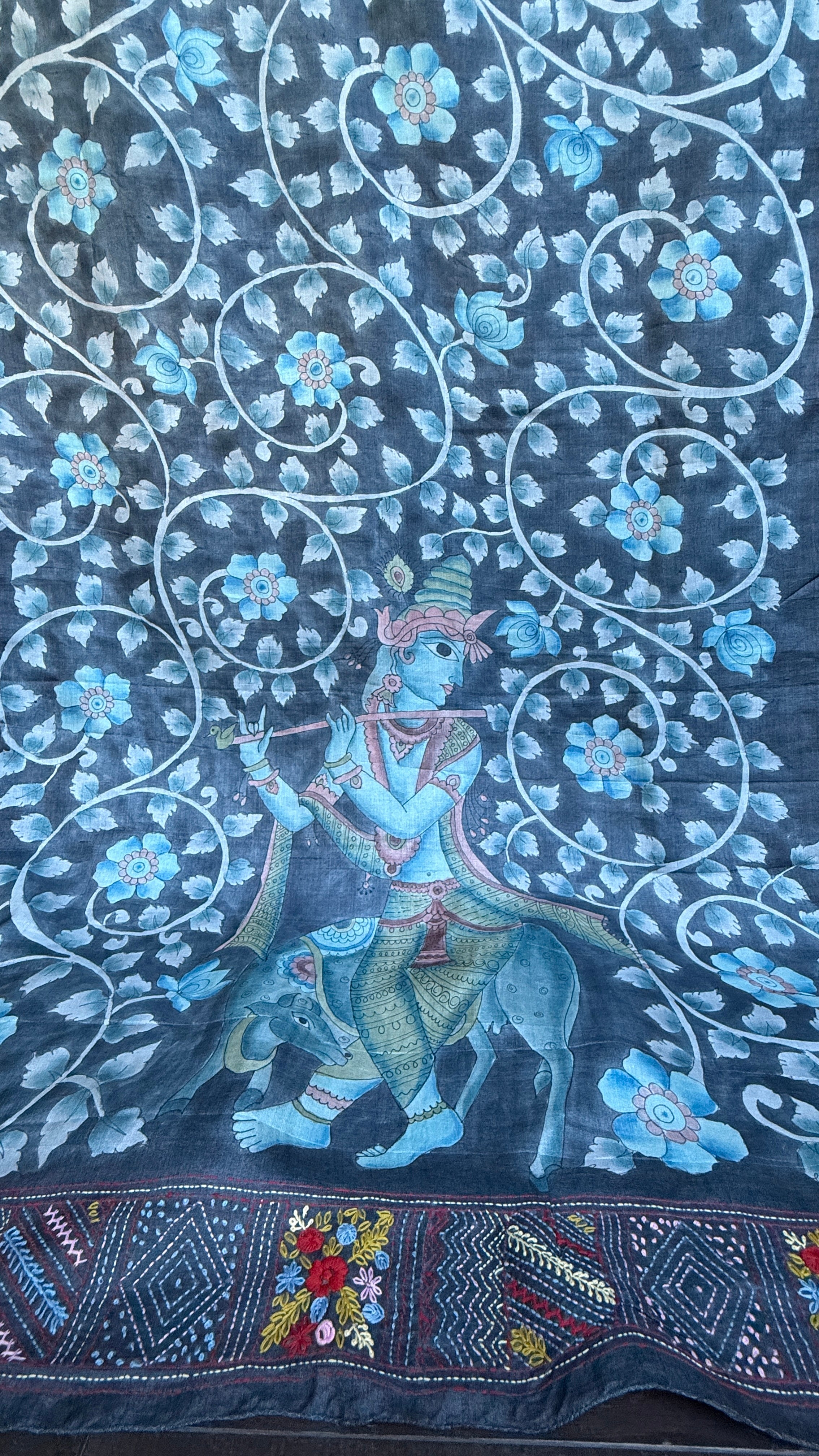 Tussar Silk Pen Kalamkari - Grey Hand Embroidered