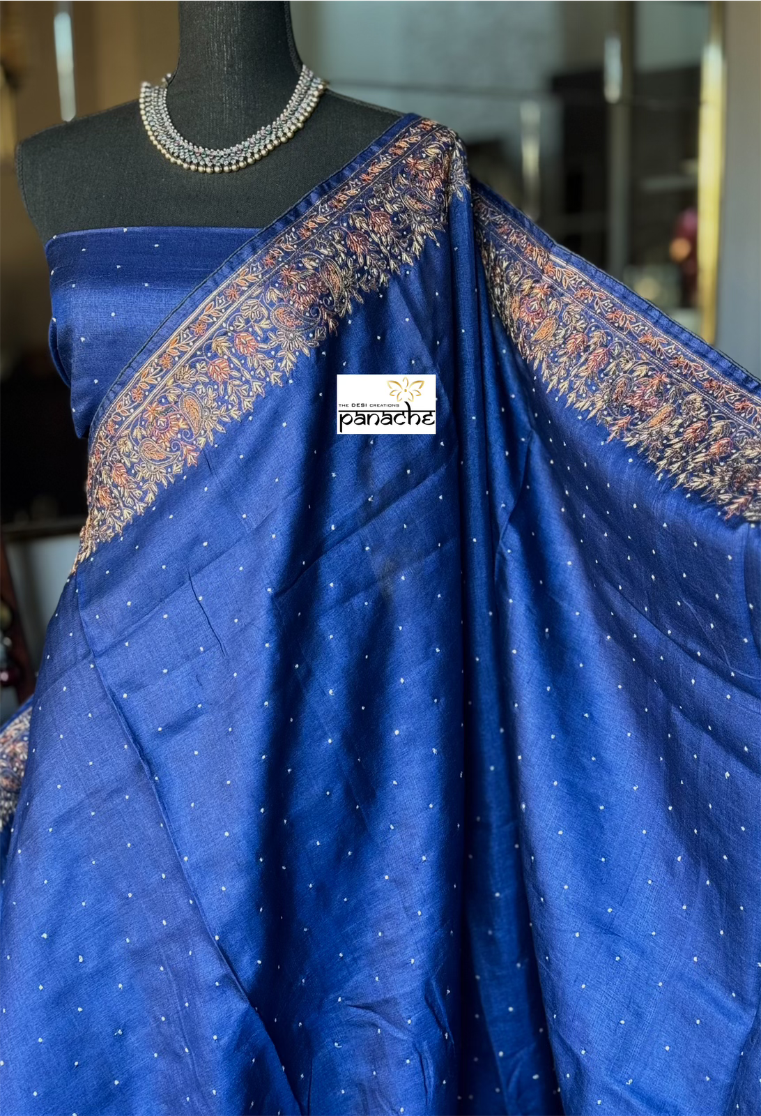 Designer Tussar Silk - Blue Sozni Hand Embroidered