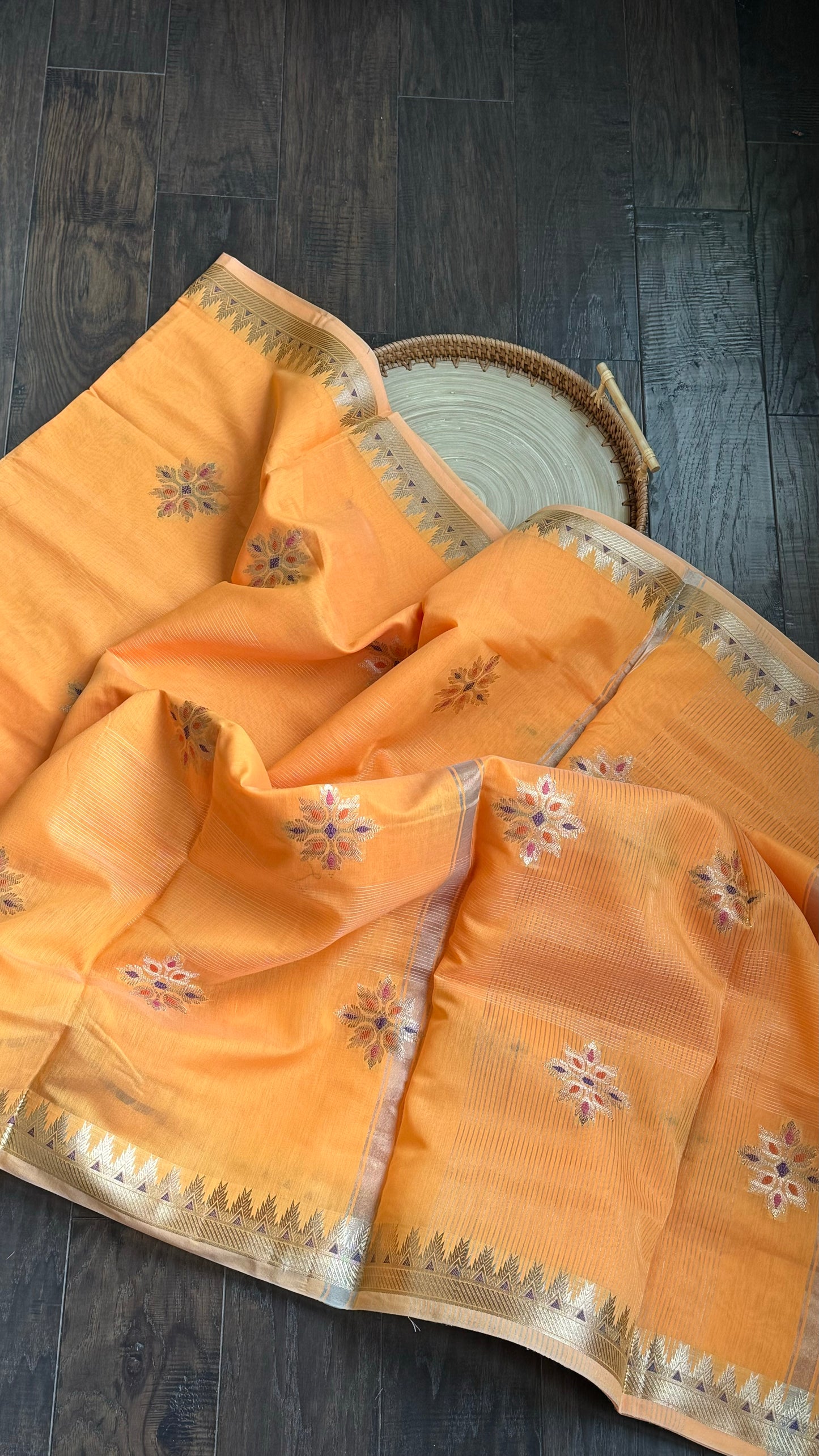 Cotton Silk Kanjivaram - Orange Meenakari