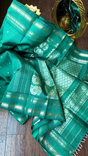 Pure Silk Gadwal - Teal Green Silver Zari
