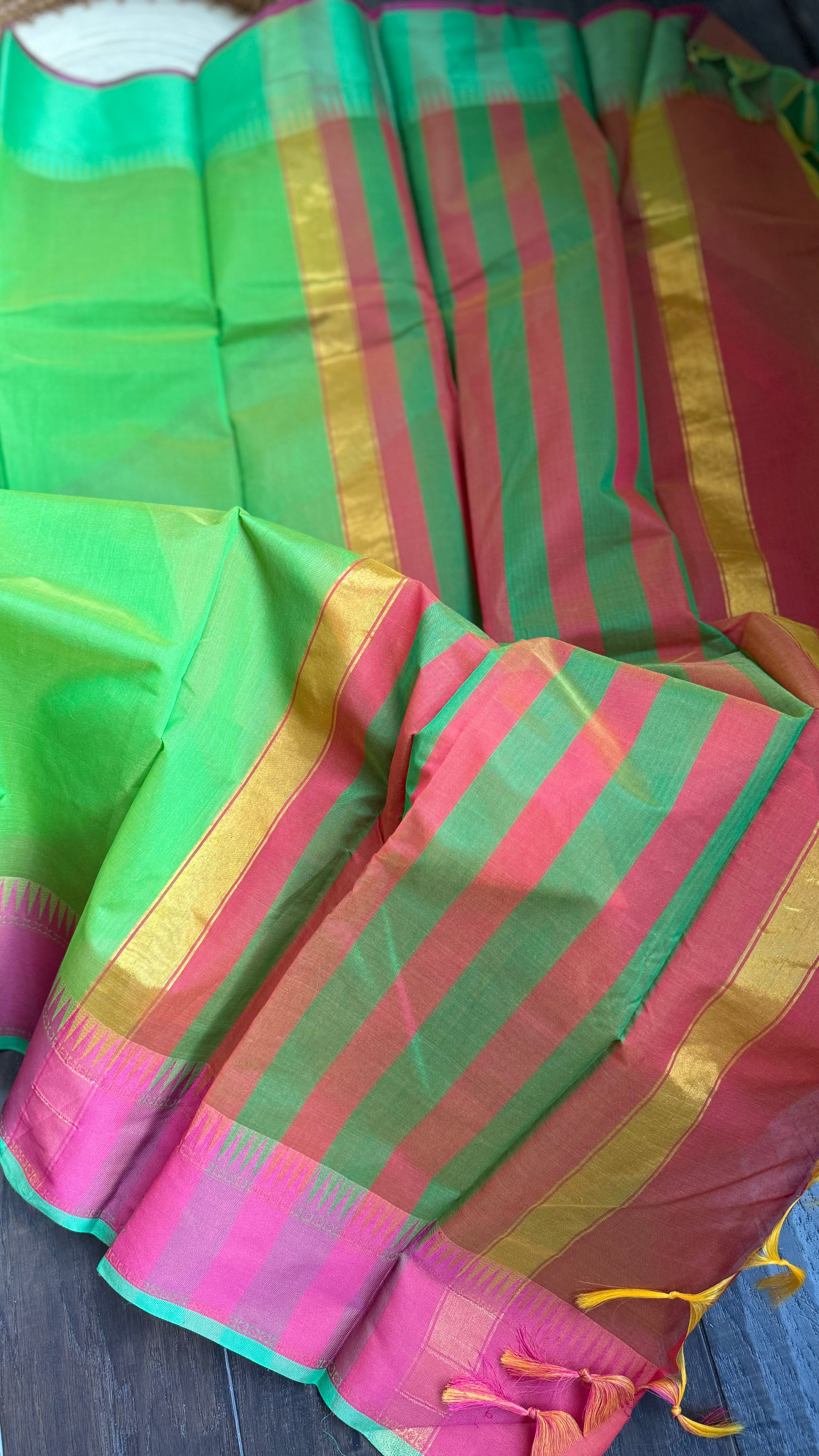 Cotton Silk Kanjivaram - Green Pink