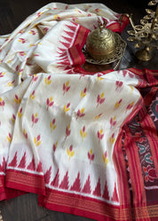 Pure Silk Sambalpuri Double ikat  - Cream Red Orange