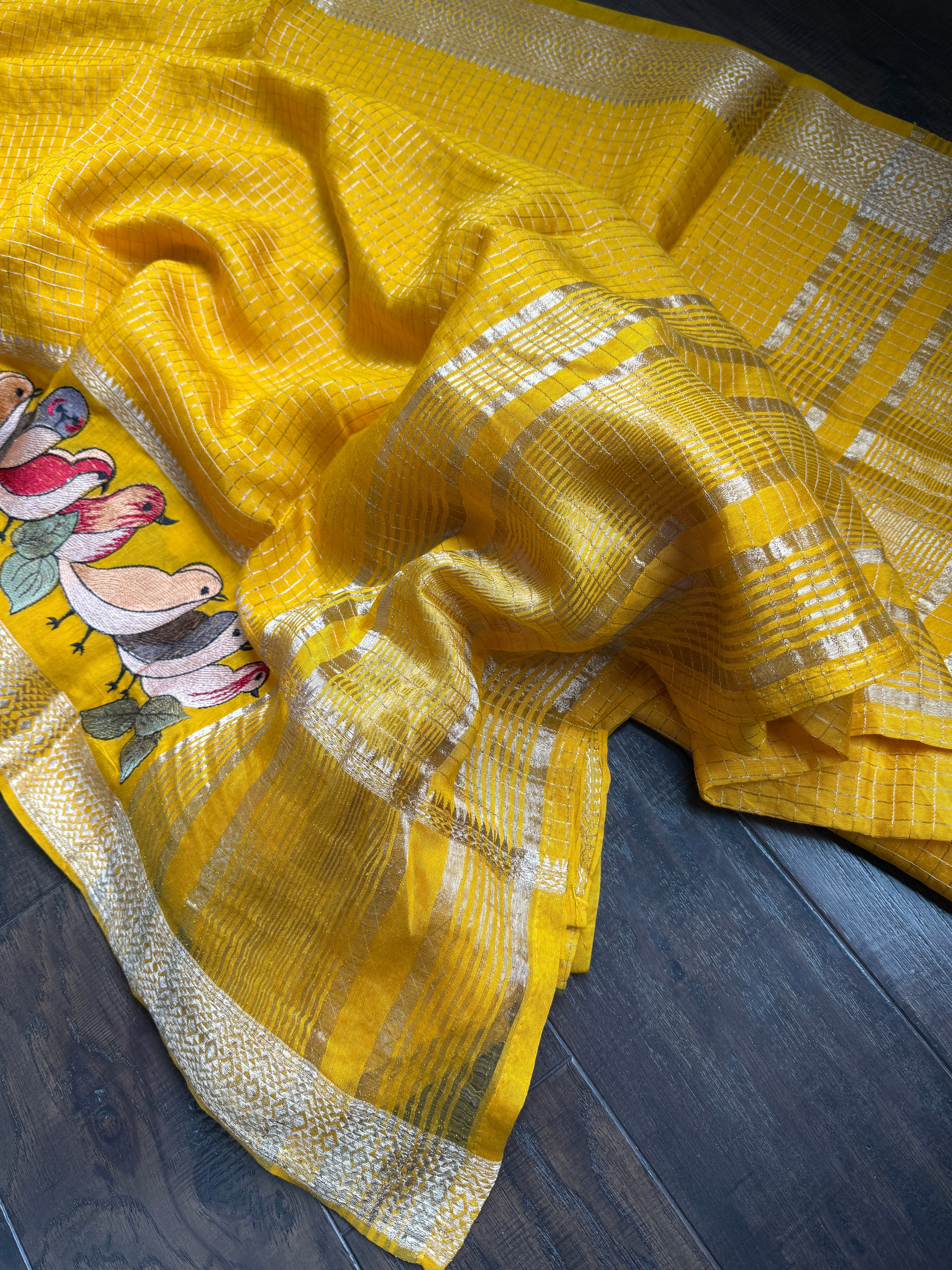 Designer Cotton Silk Banaras Chanderi - Mango Yellow Bird Embroidered