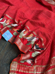 Designer Cotton Silk Banaras Chanderi - Red Bird Embroidered