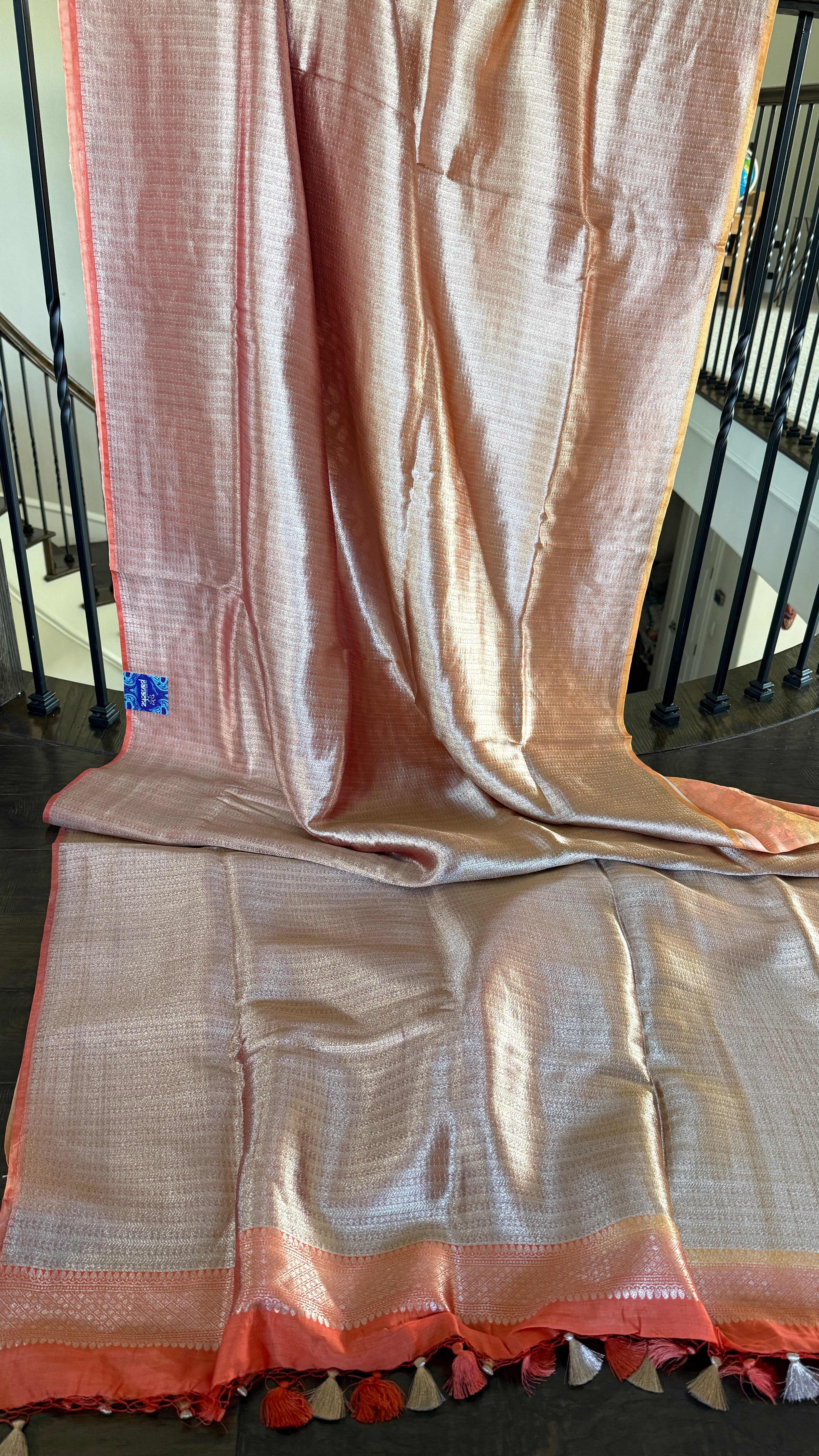 Designer Soft Silk Brocade Banarasi - Peach Pink Golden Tie-Dye