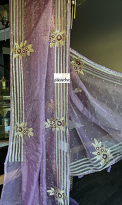 Designer Organza Hand Embroidered -  Mauve Multi Color