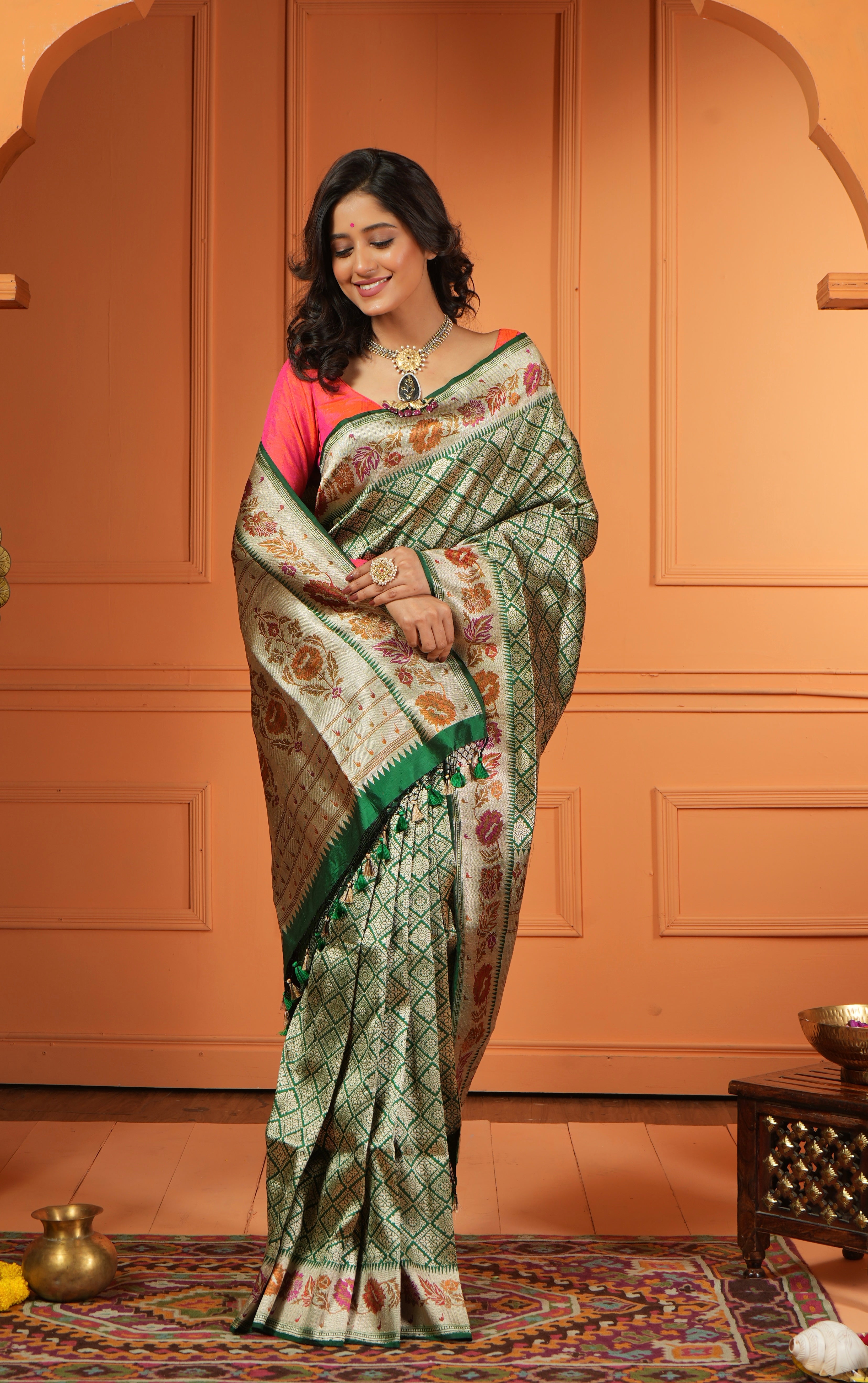 Pure Silk Paithani Brocade Banarasi- Dark Green
