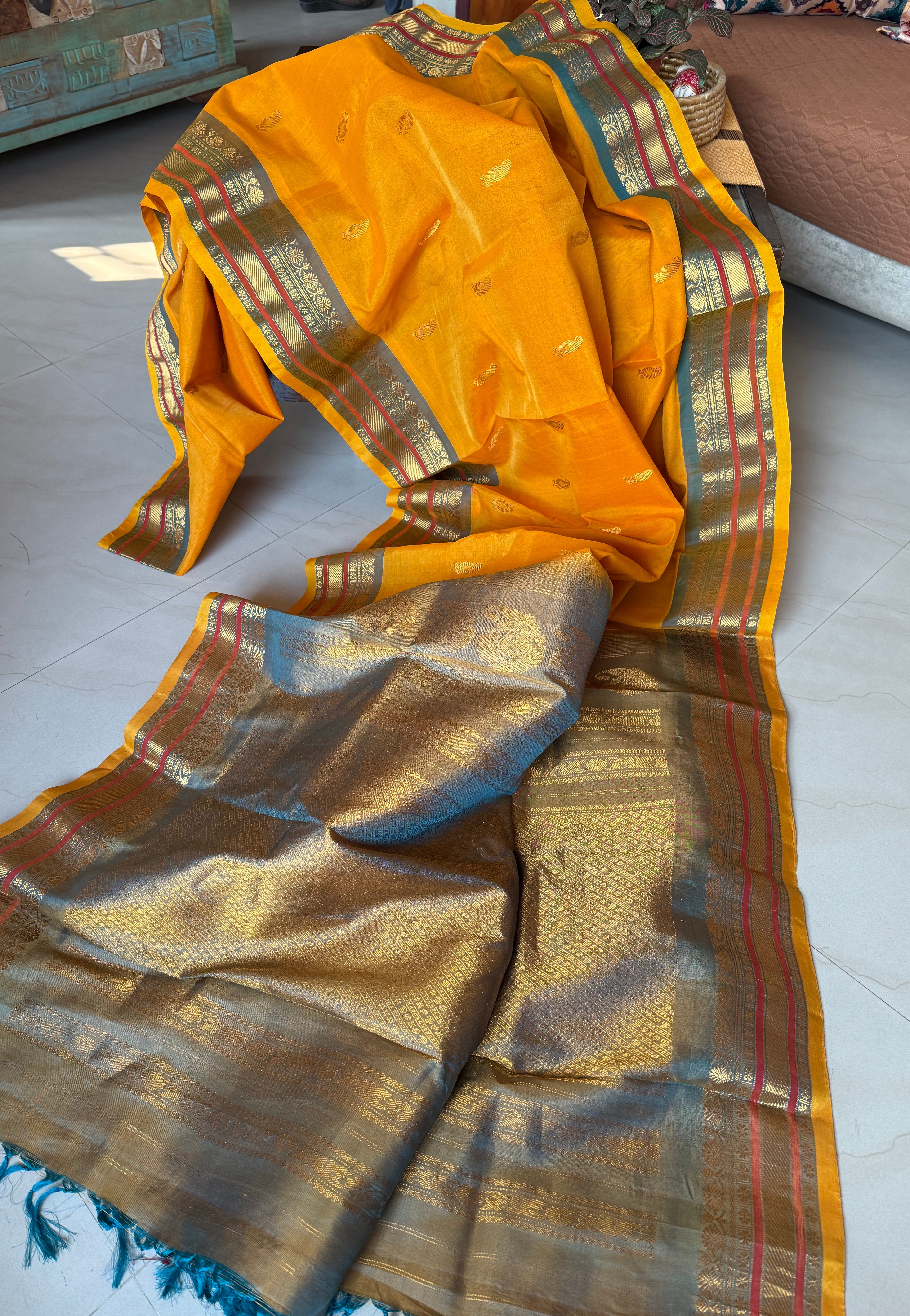 Pure SICO Gadwal - Sunrise Yellow Teal Blue