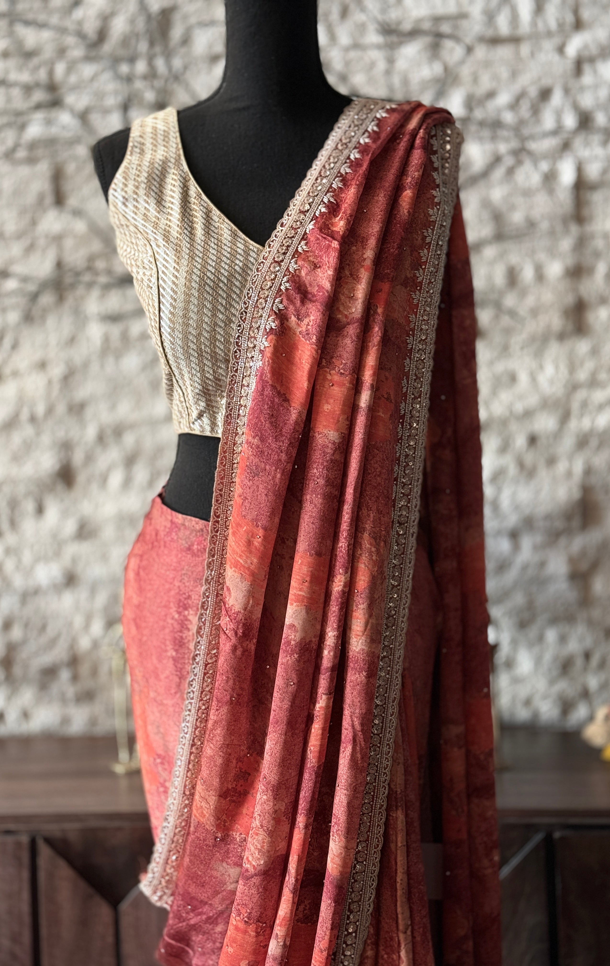 Designer Crepe Satin Marble Print - Rust Wine