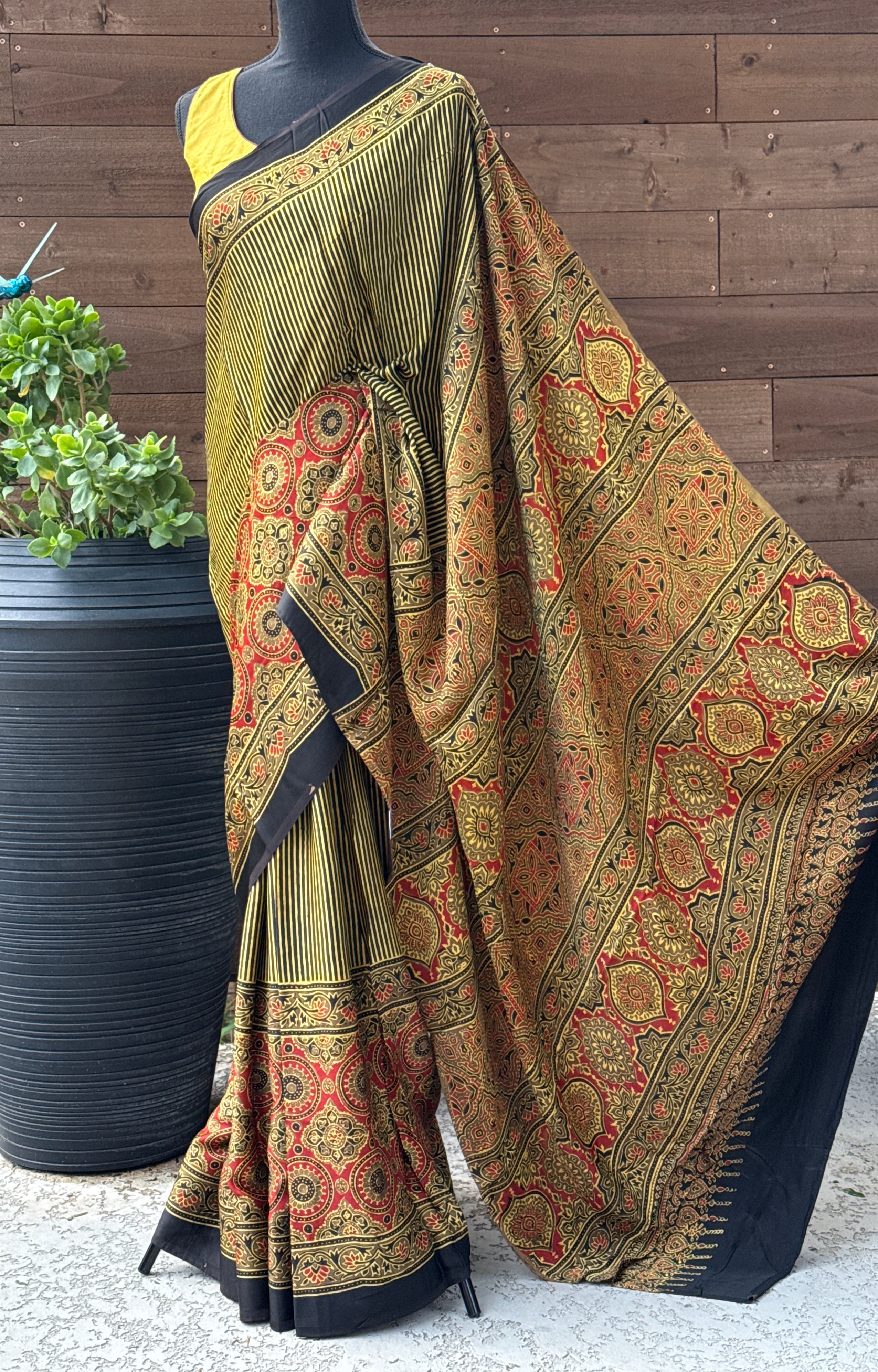 Modal Silk Ajrakh - Greenish Yellow Black Striped