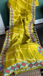 Pure Tussar Silk Gujrati Stitch -  Lime green Shibori Hand Embroidered