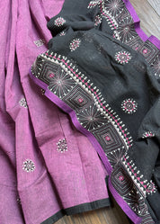 Cotton Kantha Stitch -  Mauve Purple Black Half Half