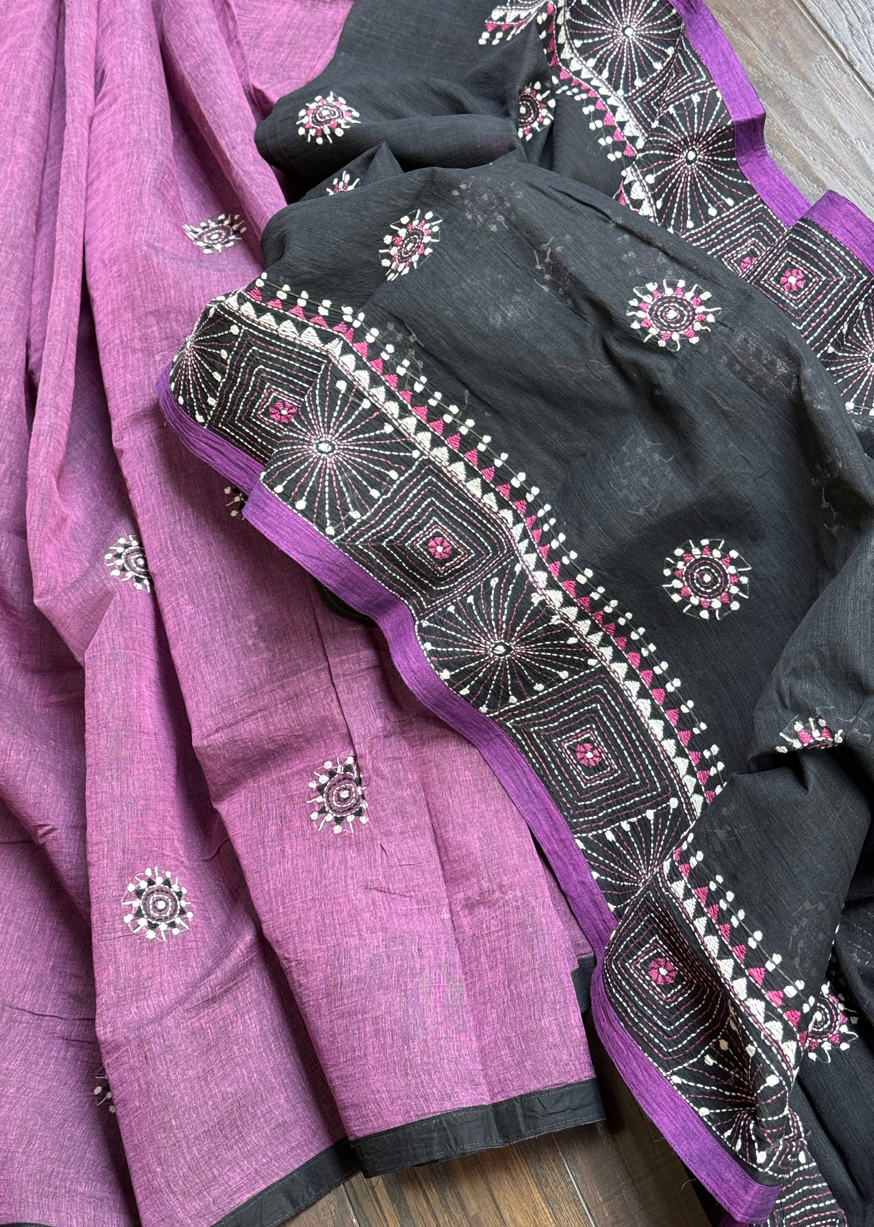 Cotton Kantha Stitch -  Mauve Purple Black Half Half