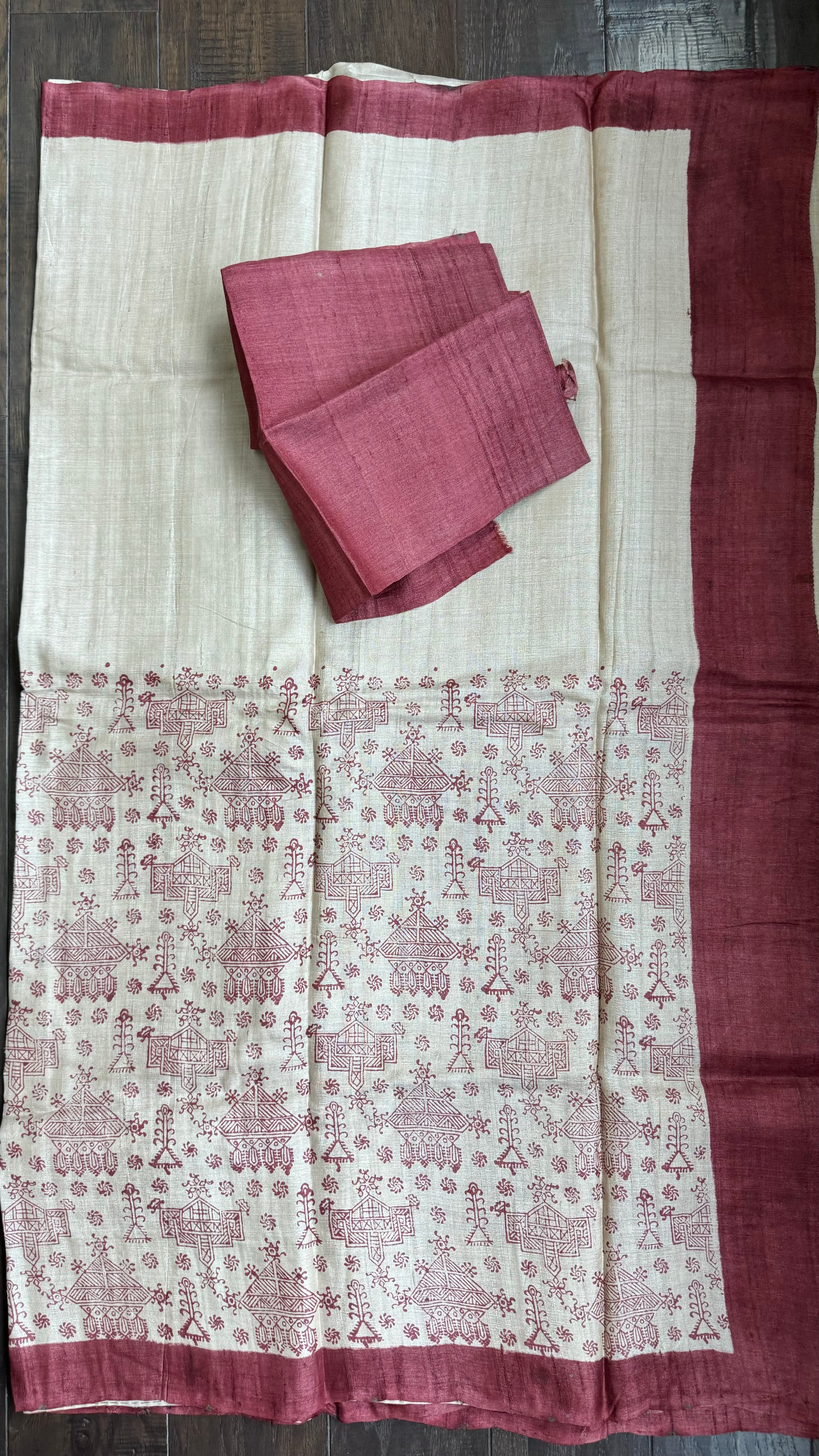 Pure Gachi Tussar Silk - Beige Maroon Hand-Block Printed