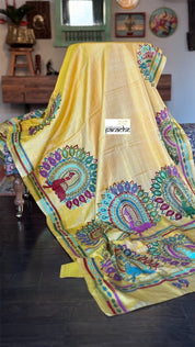 Pure Tussar Silk Kantha Stitch - Yellow