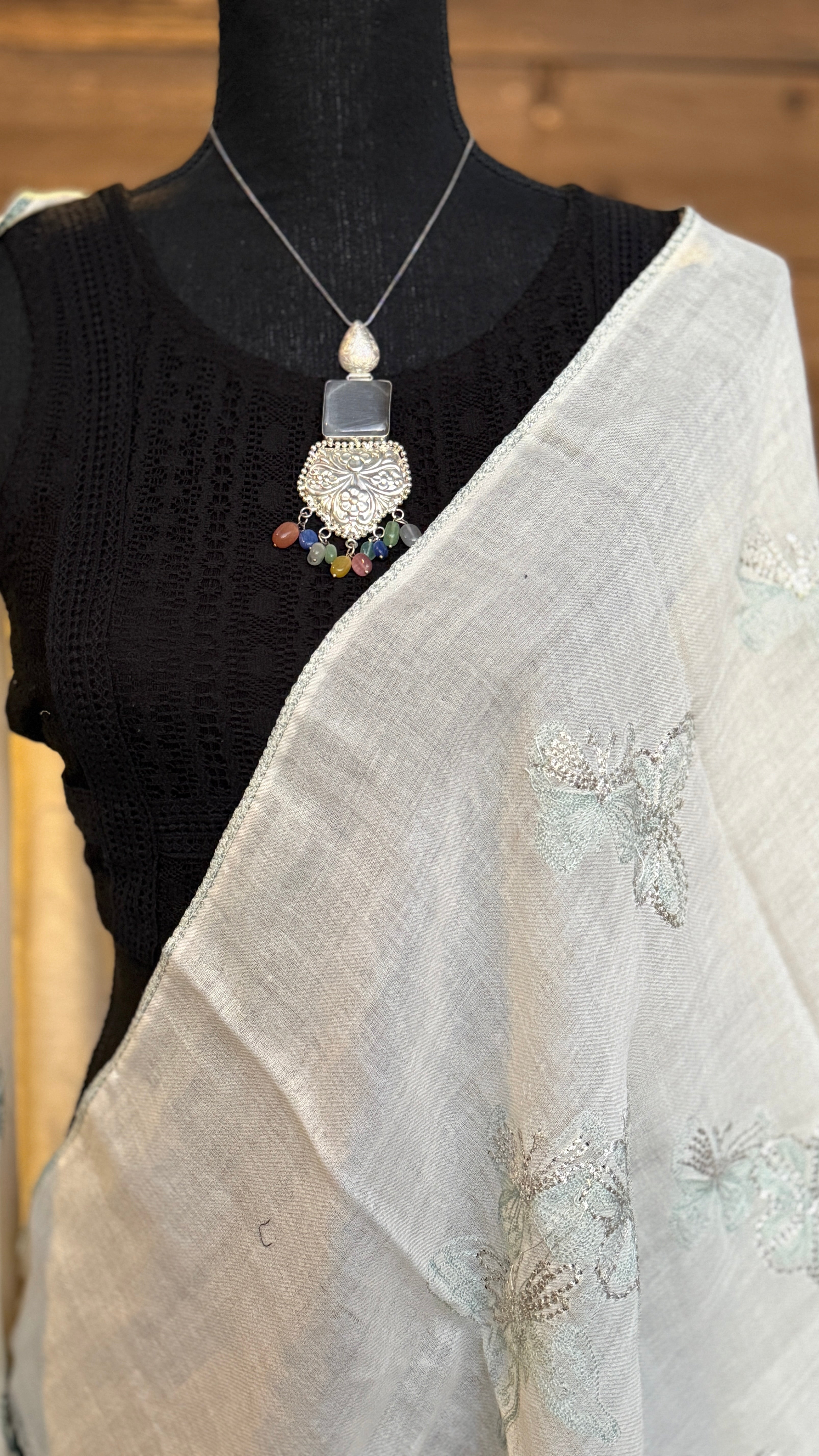 Kashmiri Embroidered Stole - White