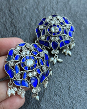 Earring 925 Silver- Blue Kundan Pearl Statement Stud