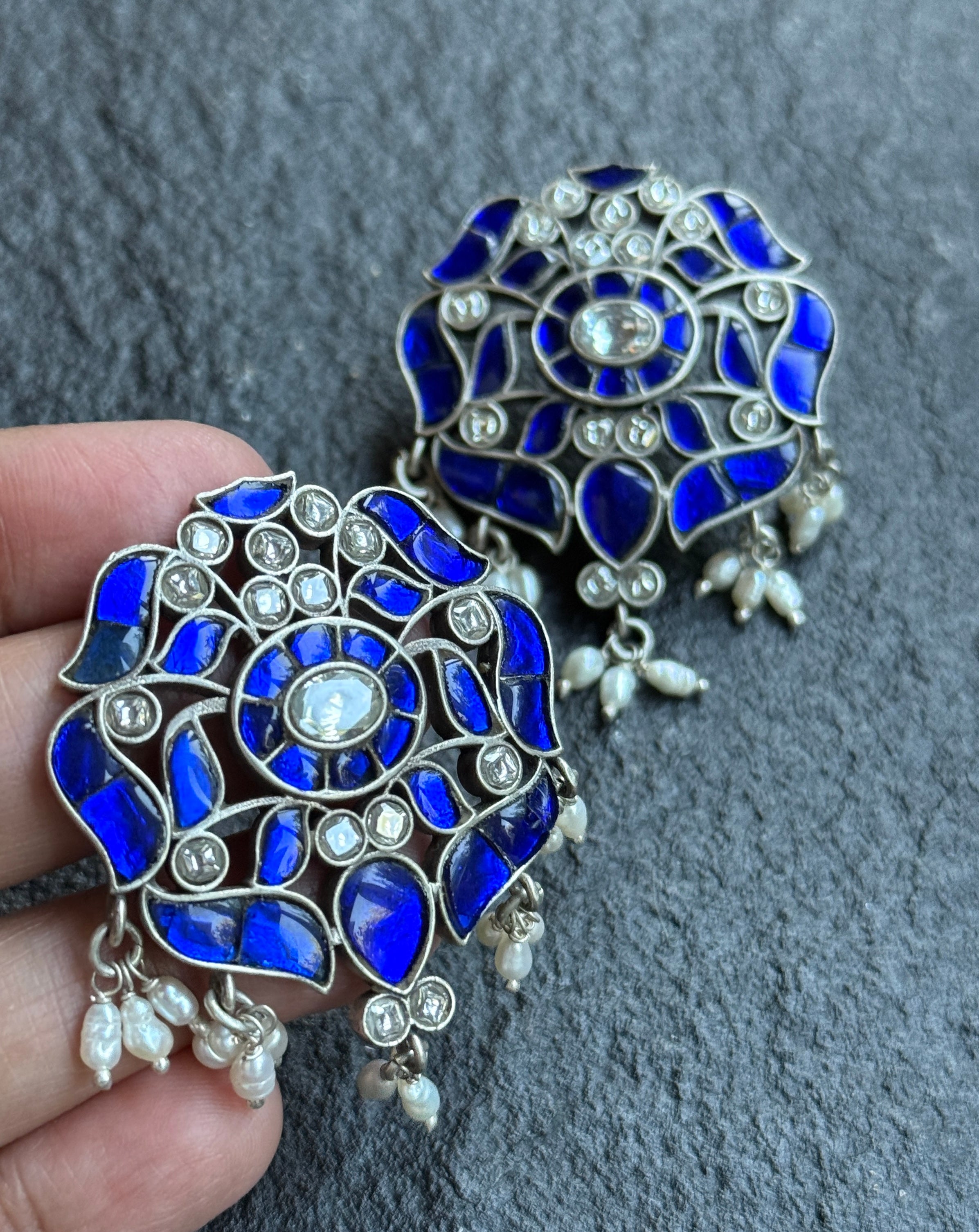 Earring 925 Silver- Blue Kundan Pearl Statement Stud