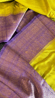 Tussar Silk Banarasi - Lemon Ochre Purple Antique Zari