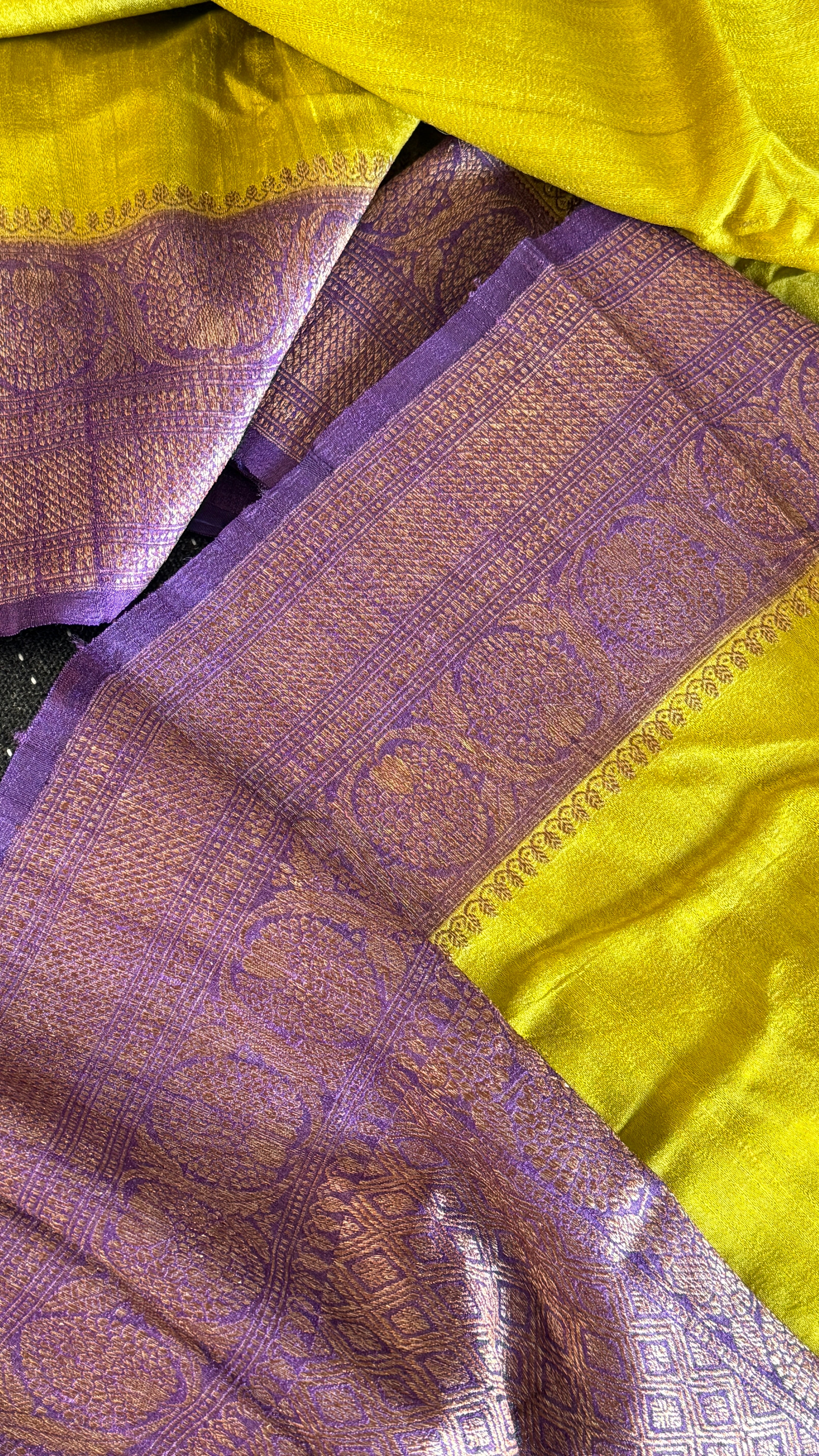 Tussar Silk Banarasi - Lemon Ochre Purple Antique Zari