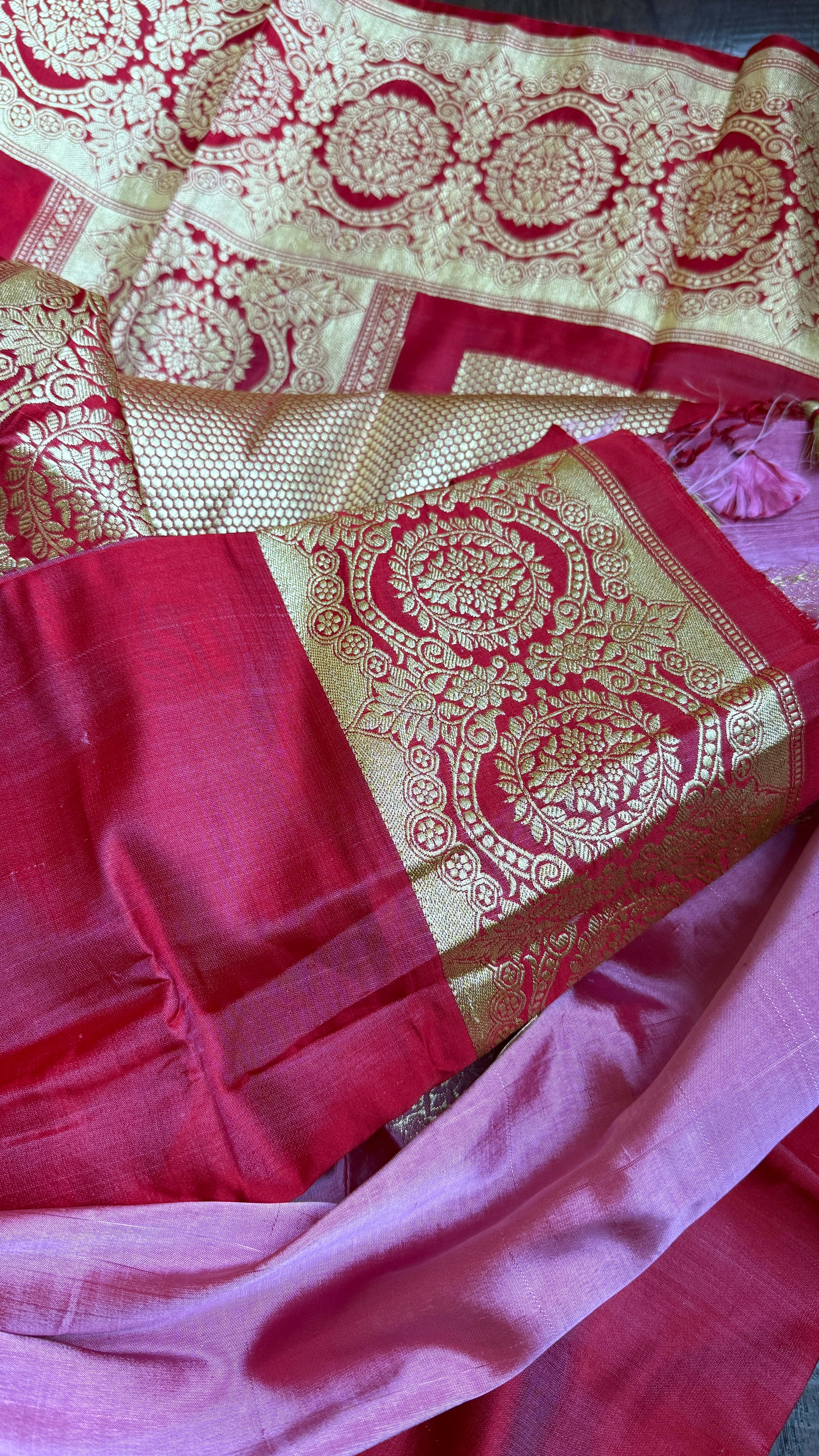 Pure Silk Mashru Banarasi- Raspberry Red Dual Shaded