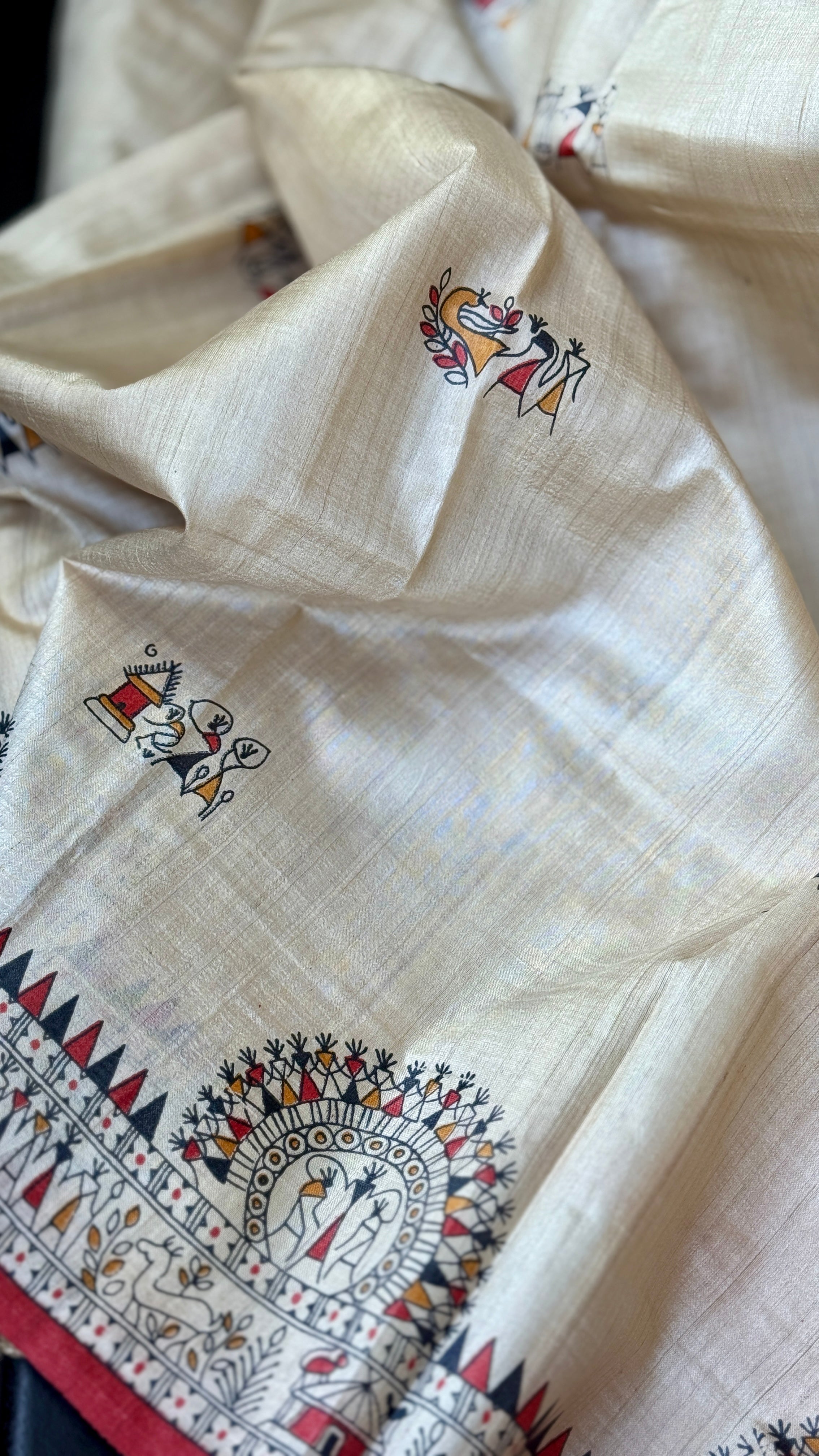 Pure Tussar Silk - Beige Worli Printed