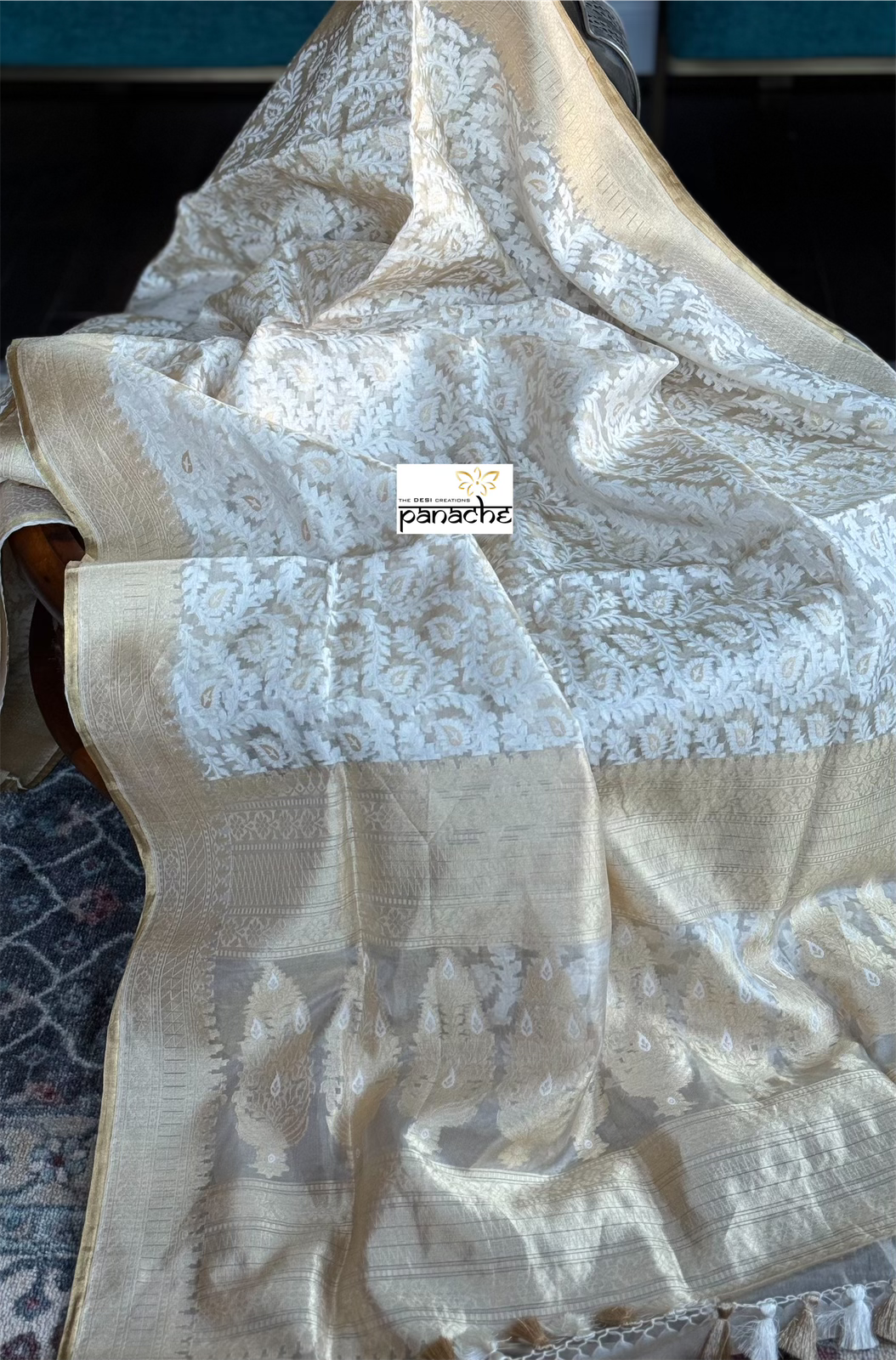 Pure Tissue Kora Silk Banarasi - Off White Golden Antique Zari