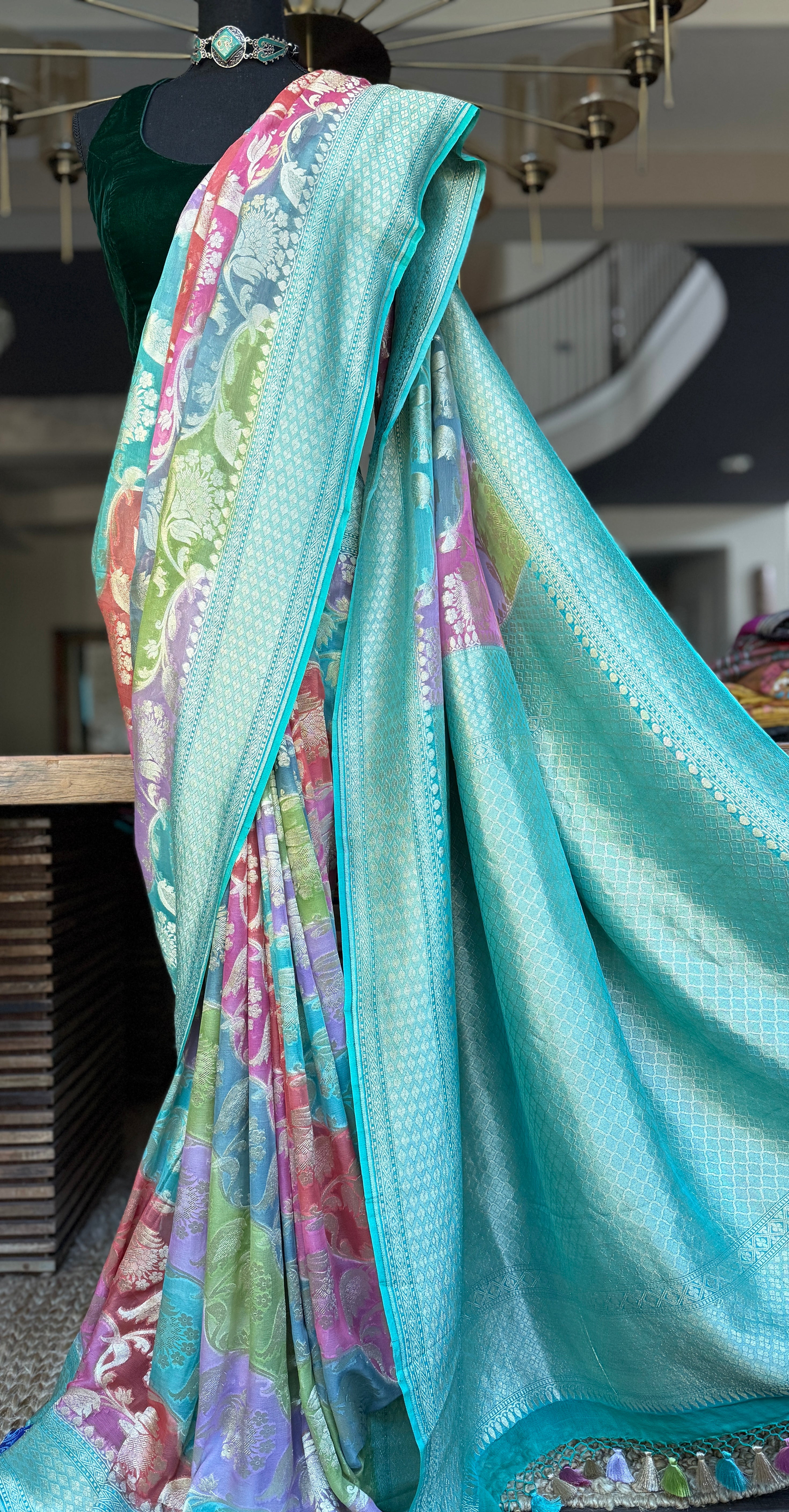 Khaddi Georgette Banarasi - Sea Green Multi color Rangkat