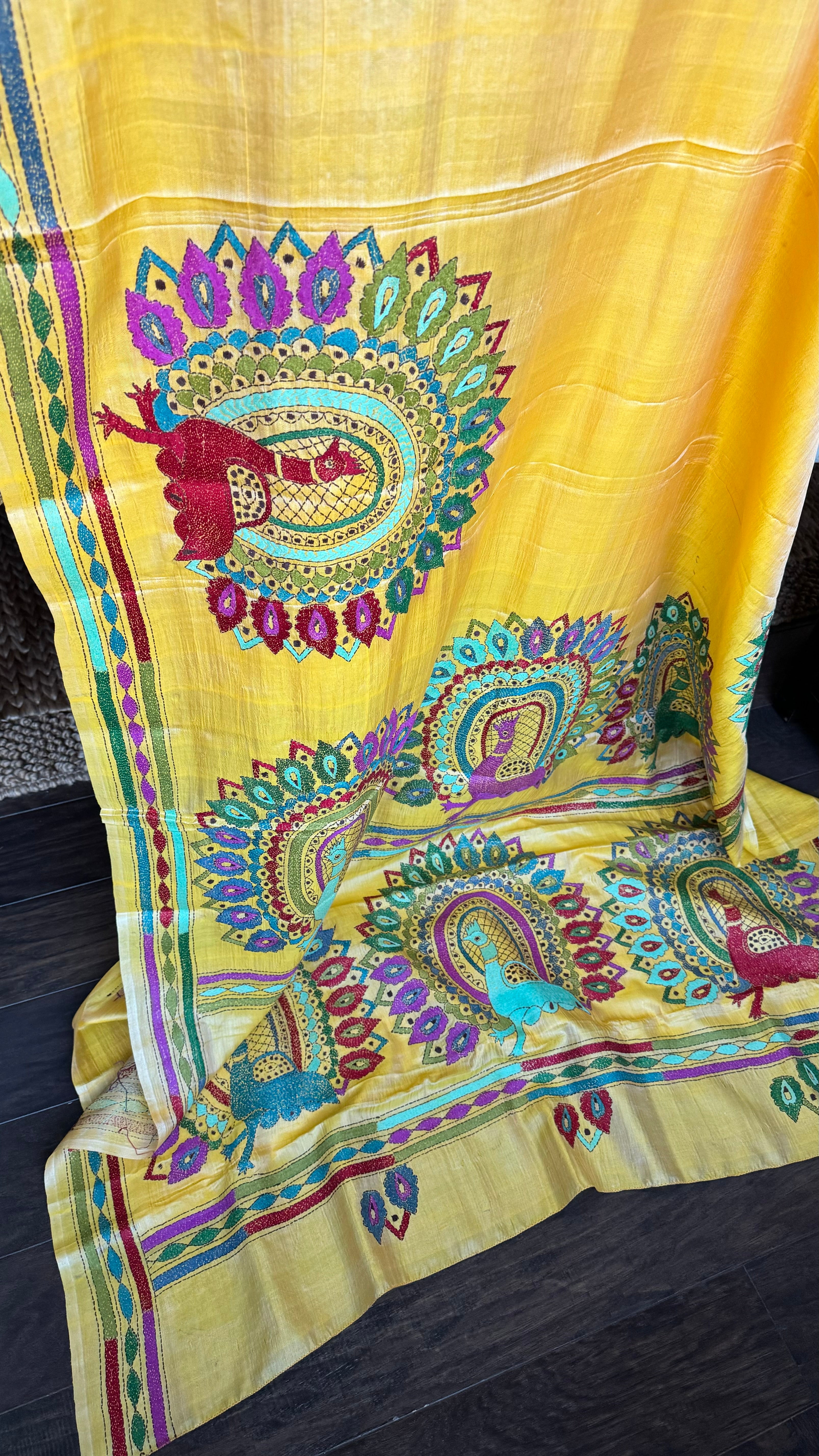 Pure Tussar Silk Kantha Stitch - Yellow