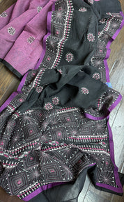 Cotton Kantha Stitch -  Mauve Purple Black Half Half