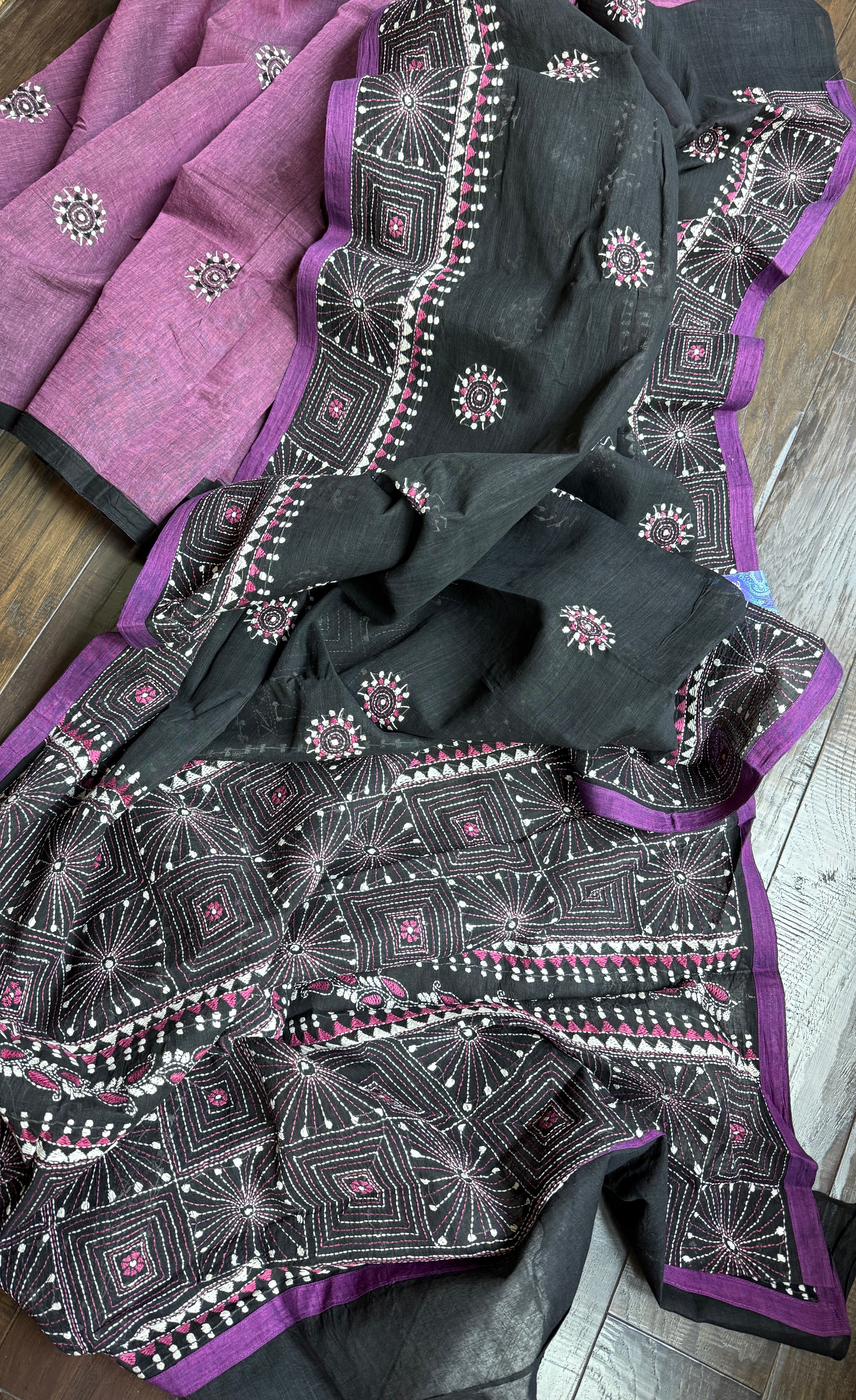 Cotton Kantha Stitch -  Mauve Purple Black Half Half